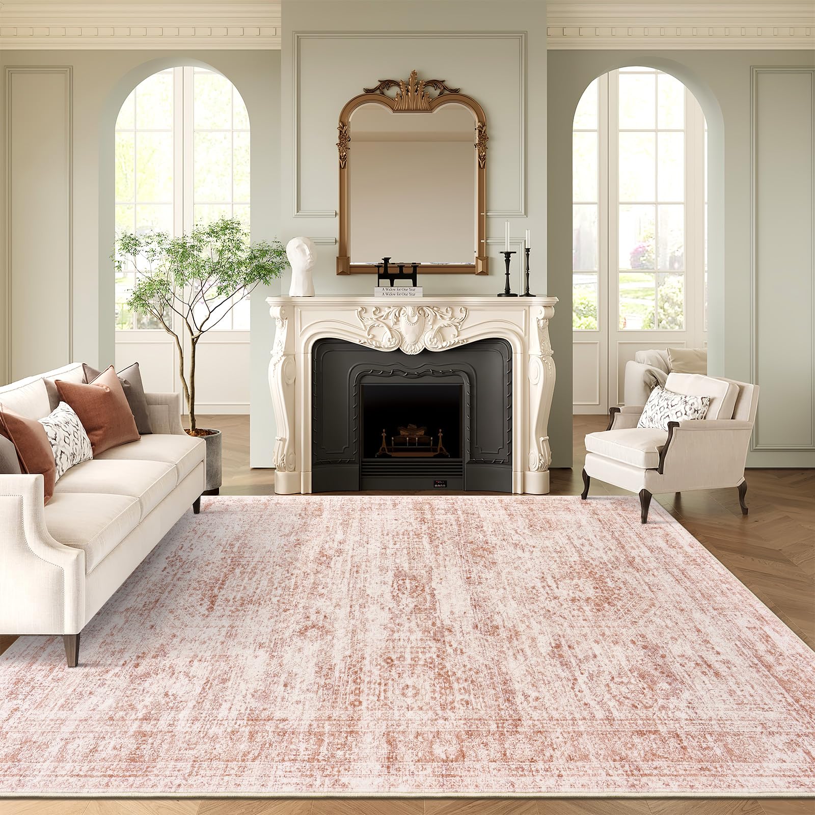 Washable Area Rug 8x10, Large Soft Rugs for Living Room Vintage Beige Carpet 8x10 Area Rugs for Bedroom Dining Room Non-Slip Stain Resistant Under Table Rug