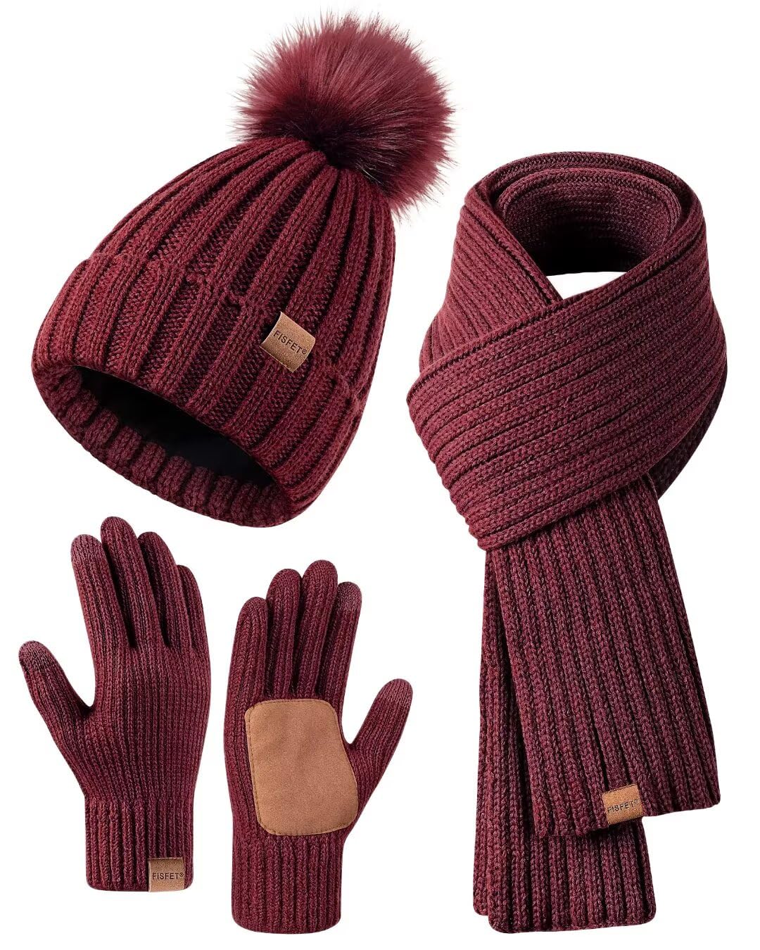 Winter Beanie Hat Scarf Gloves Set for Women, Womens Beanie with Pom Pom Long Scarf Neck Warmer Touchscreen Gloves 3 in 1 Set