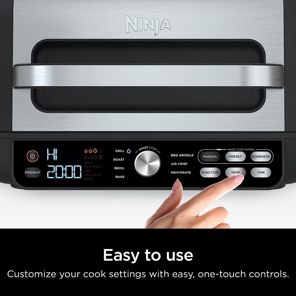 Ninja | Indoor Grill and Air Fryer| Foodi Smart XL | 6-in-1 Grill, Air Fry, Roast, Bake, Broil, Dehydrate & Crisp |Smart Thermometer & Splatter Shield | Dishwasher Safe Parts | Black/Silver | FG551