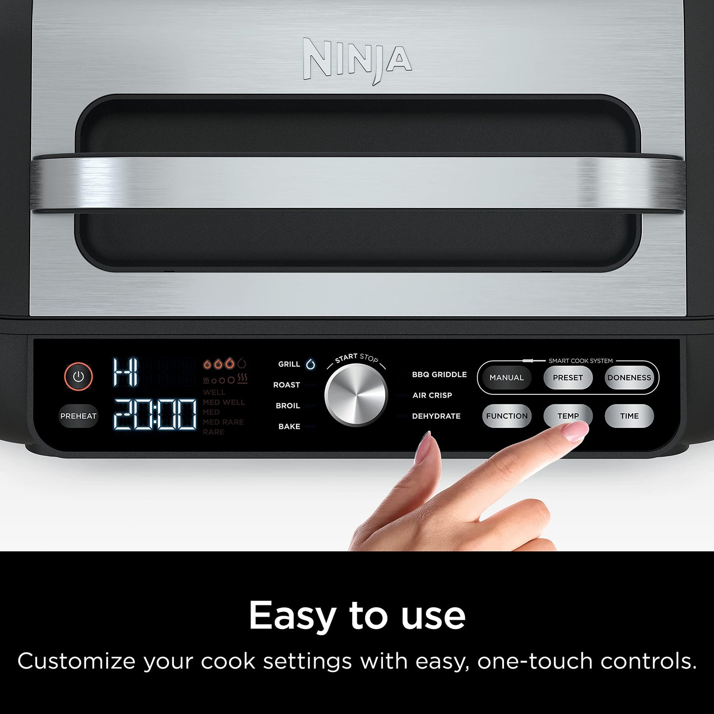 Ninja | Indoor Grill and Air Fryer| Foodi Smart XL | 6-in-1 Grill, Air Fry, Roast, Bake, Broil, Dehydrate & Crisp |Smart Thermometer & Splatter Shield | Dishwasher Safe Parts | Black/Silver | FG551