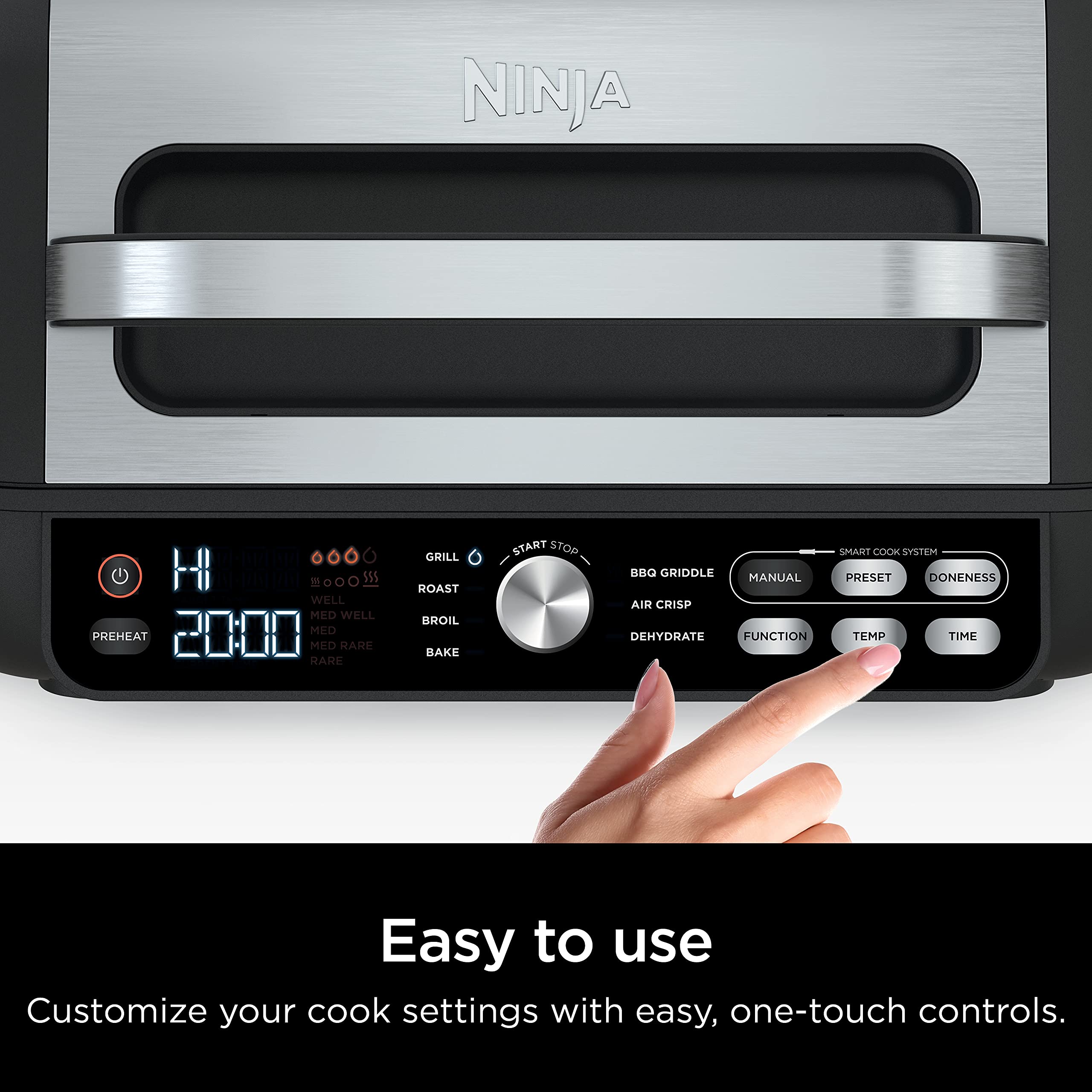 Ninja | Indoor Grill and Air Fryer| Foodi Smart XL | 6-in-1 Grill, Air Fry, Roast, Bake, Broil, Dehydrate & Crisp |Smart Thermometer & Splatter Shield | Dishwasher Safe Parts | Black/Silver | FG551