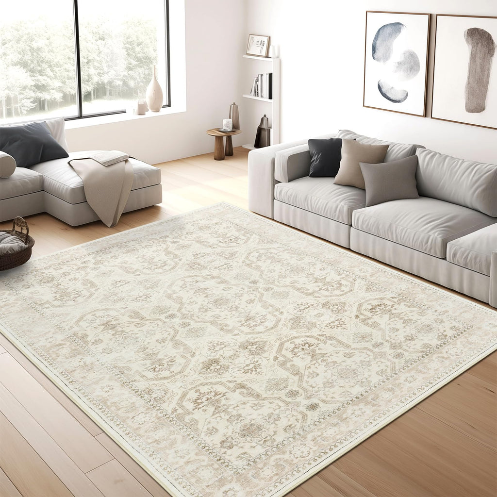 Washable Area Rug 8x10, Large Soft Rugs for Living Room Vintage Beige Carpet 8x10 Area Rugs for Bedroom Dining Room Non-Slip Stain Resistant Under Table Rug
