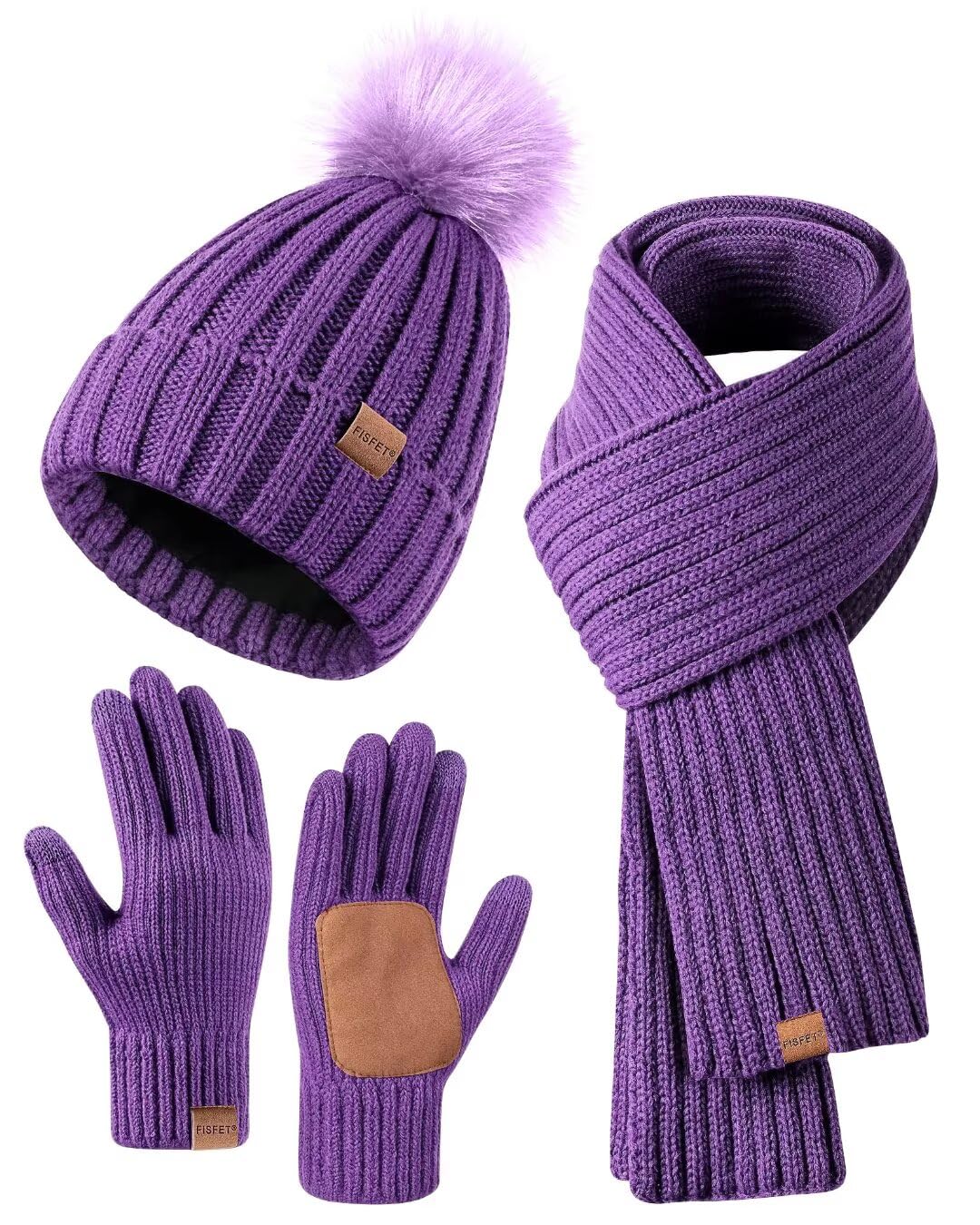 Winter Beanie Hat Scarf Gloves Set for Women, Womens Beanie with Pom Pom Long Scarf Neck Warmer Touchscreen Gloves 3 in 1 Set