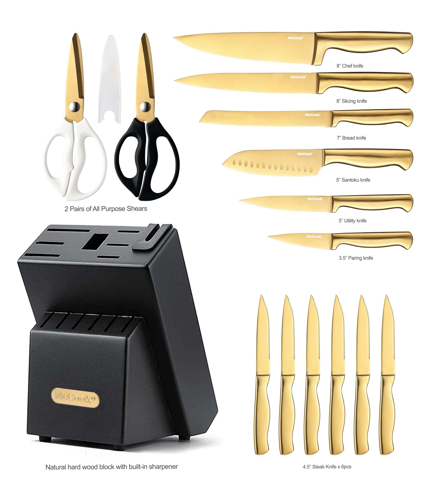 McCook® Knife Sets, German Stainless Steel Kitchen Knife Block Sets with Built-in Sharpener