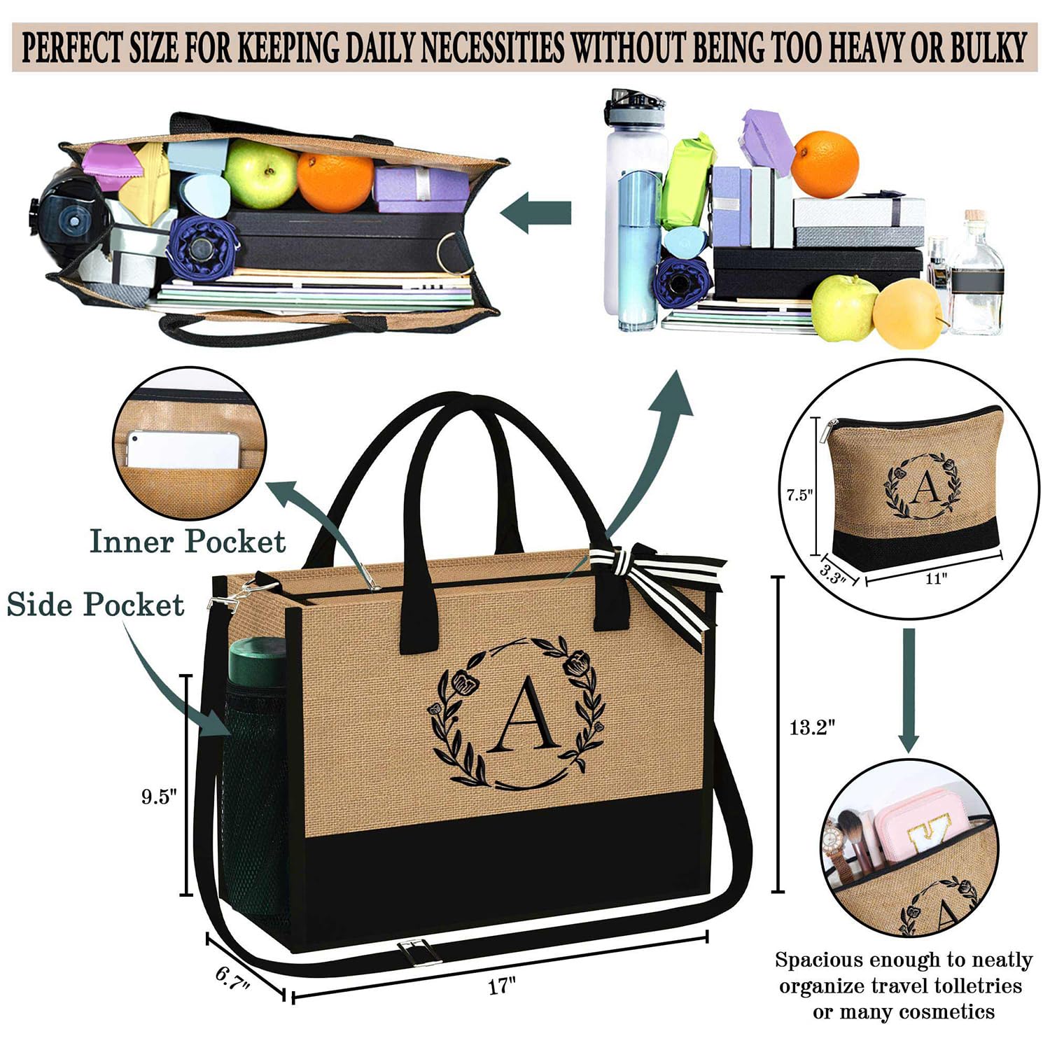 YOOLIFE Personalized Gifts for Women - Initial Jute Tote Bag & Makeup Bag, Birthday Gifts for Women Mom Wife Teacher Friend