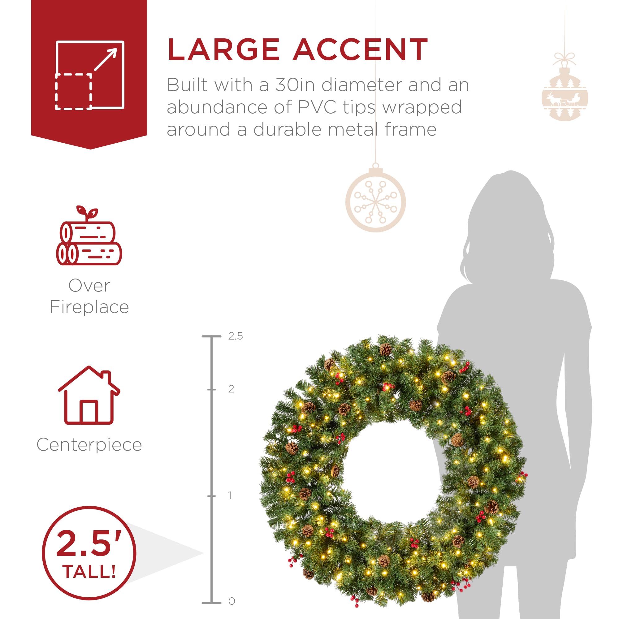 Best Choice Products 48in Large Artificial Pre-Lit Fir Christmas Wreath Holiday Accent Decoration w/ 200 LED Lights, 714 PVC Tips