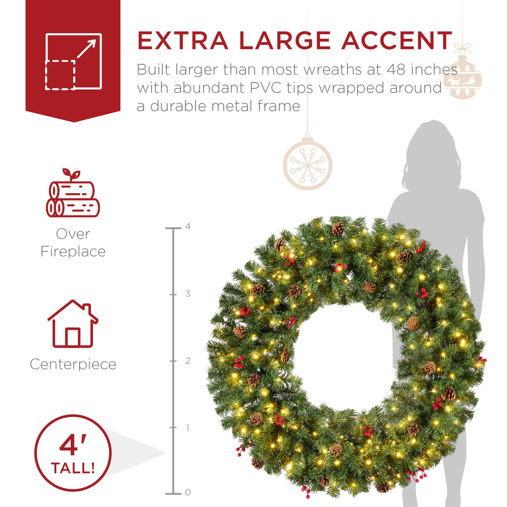 Best Choice Products 48in Large Artificial Pre-Lit Fir Christmas Wreath Holiday Accent Decoration w/ 200 LED Lights, 714 PVC Tips