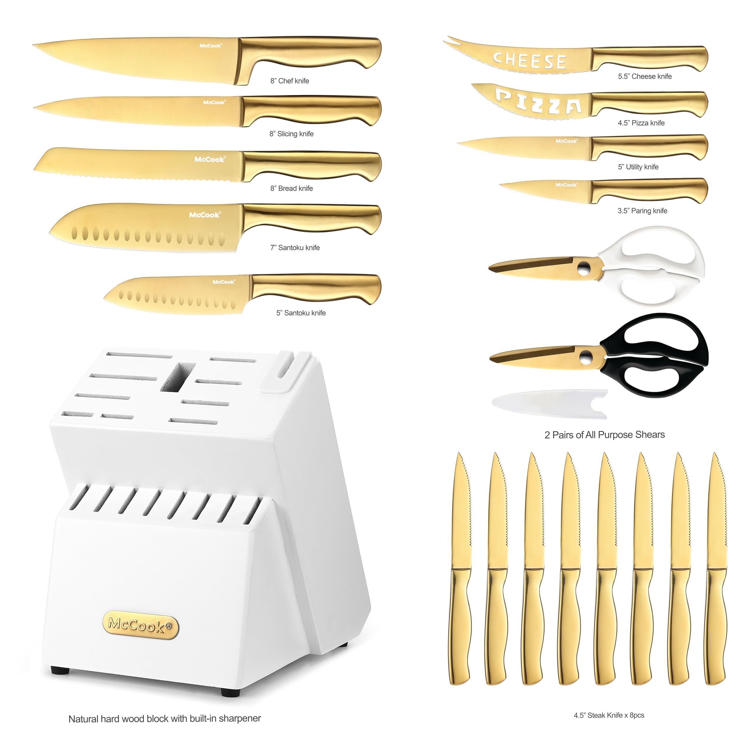 McCook® Knife Sets, German Stainless Steel Kitchen Knife Block Sets with Built-in Sharpener