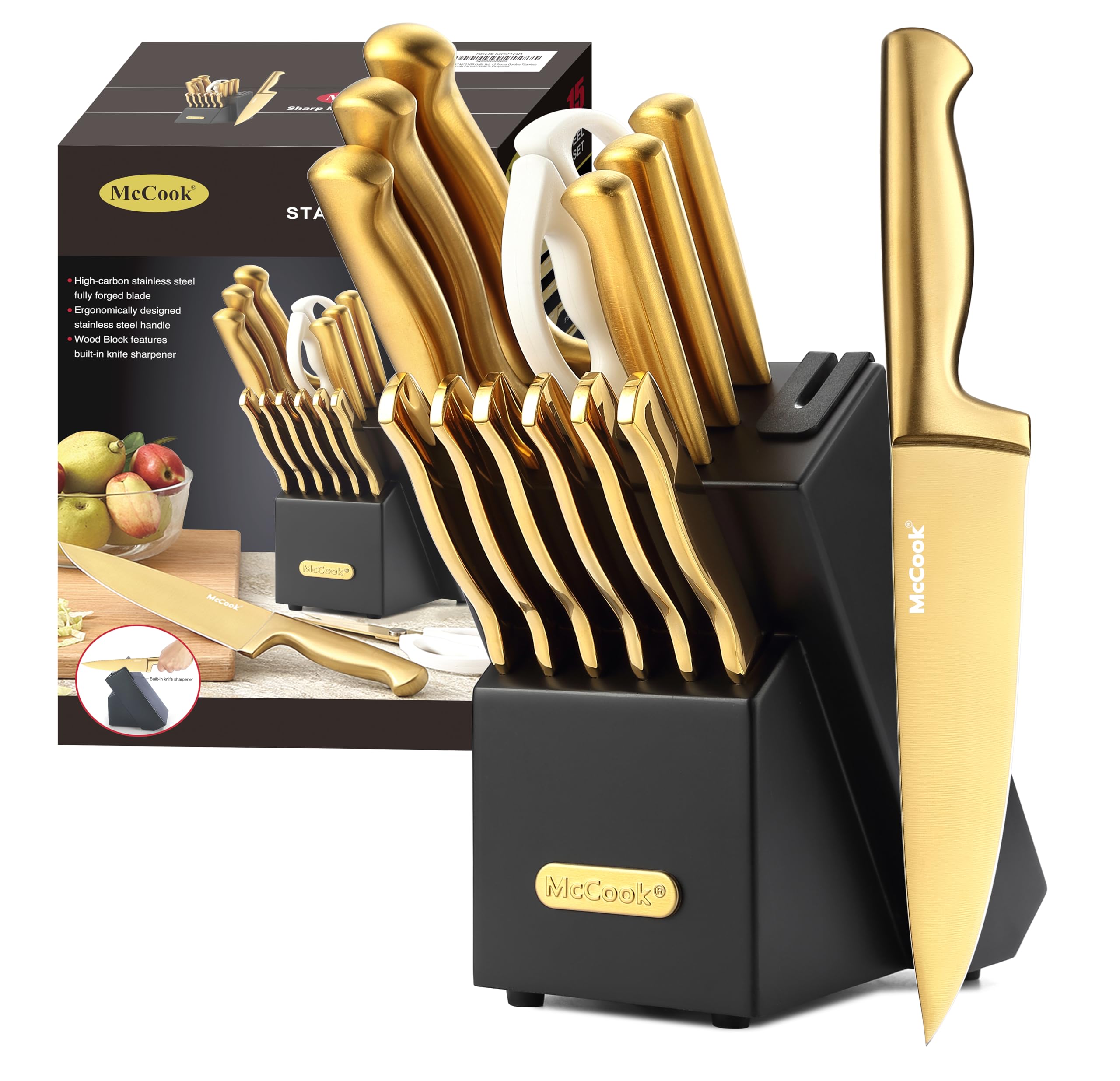 McCook® Knife Sets, German Stainless Steel Kitchen Knife Block Sets with Built-in Sharpener