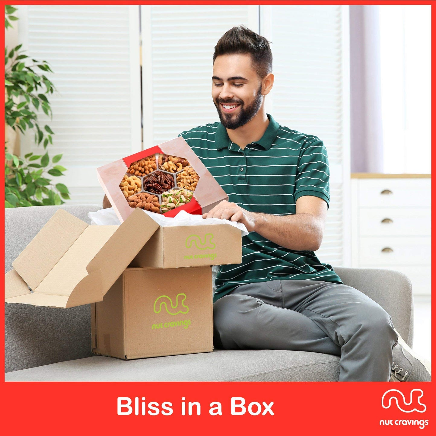 NUT CRAVINGS - Thanksgiving Mixed Nuts Gift Basket in Red Gold Box (7 Assortments, 1 LB) Holiday Xmas Christmas Food Arrangement, Healthy Snack Care Package, Food Assortments