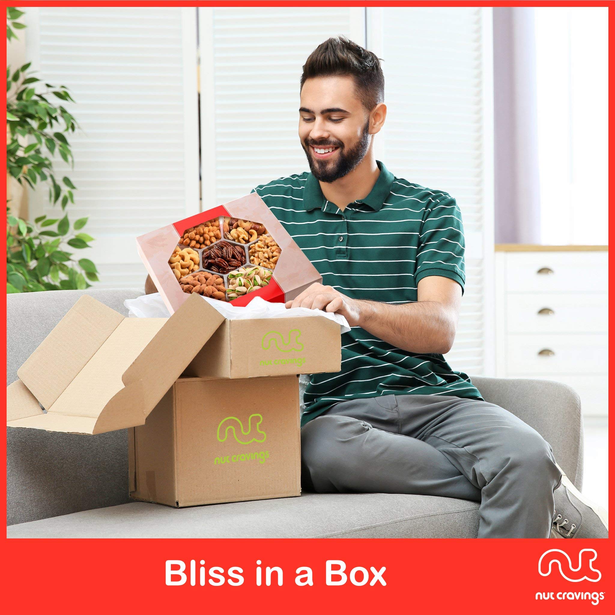 NUT CRAVINGS - Thanksgiving Mixed Nuts Gift Basket in Red Gold Box (7 Assortments, 1 LB) Holiday Xmas Christmas Food Arrangement, Healthy Snack Care Package, Food Assortments