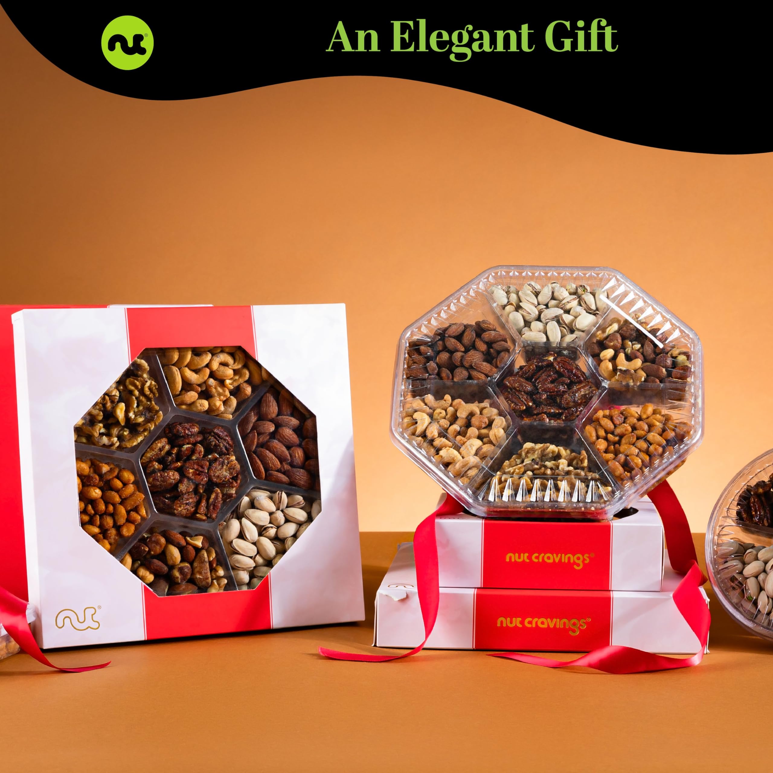 NUT CRAVINGS - Thanksgiving Mixed Nuts Gift Basket in Red Gold Box (7 Assortments, 1 LB) Holiday Xmas Christmas Food Arrangement, Healthy Snack Care Package, Food Assortments