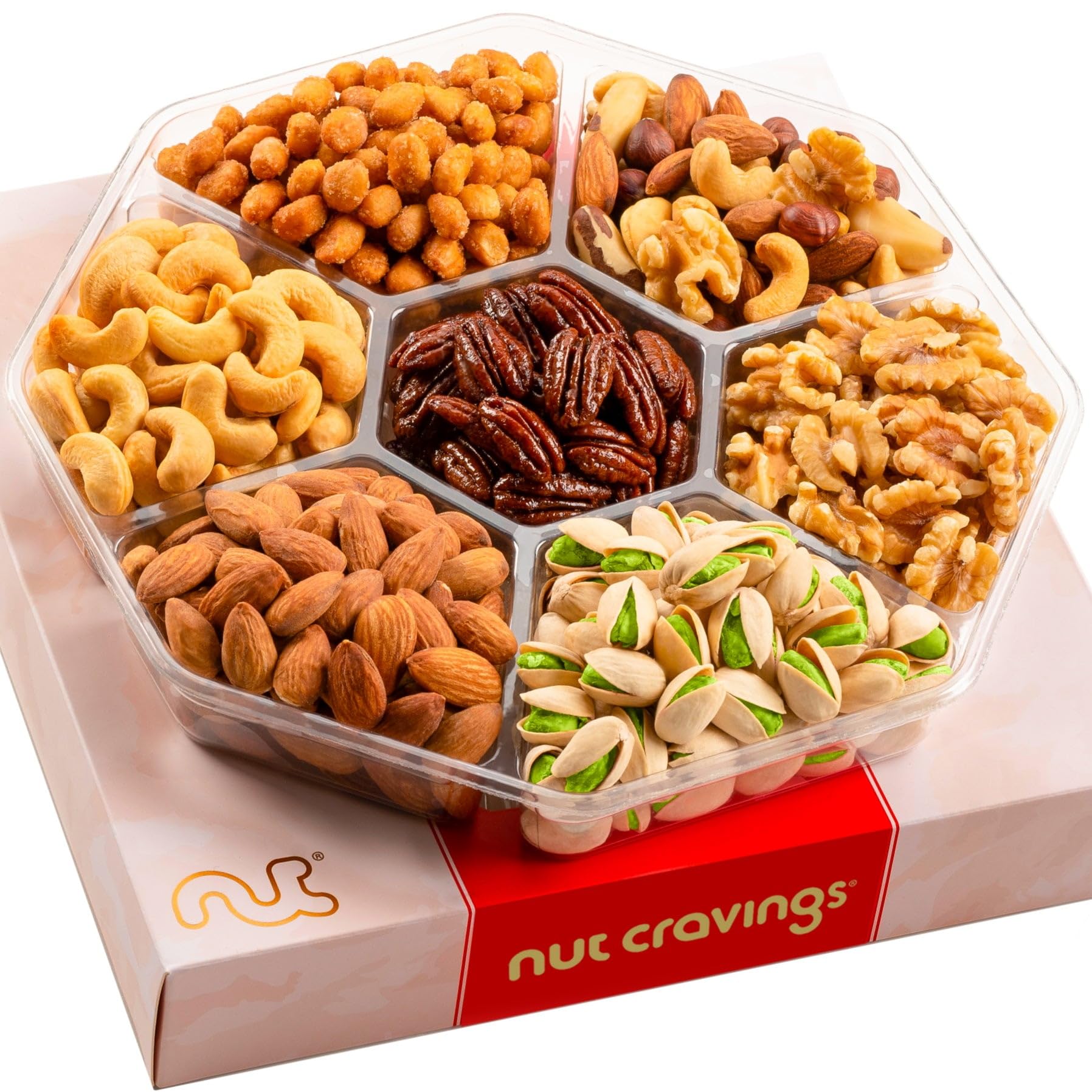 NUT CRAVINGS - Thanksgiving Mixed Nuts Gift Basket in Red Gold Box (7 Assortments, 1 LB) Holiday Xmas Christmas Food Arrangement, Healthy Snack Care Package, Food Assortments