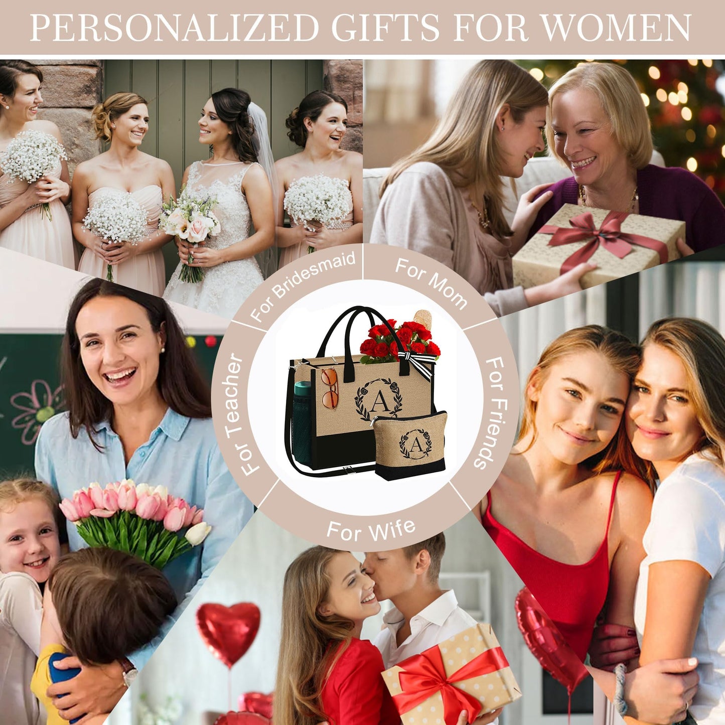 YOOLIFE Personalized Gifts for Women - Initial Jute Tote Bag & Makeup Bag, Birthday Gifts for Women Mom Wife Teacher Friend