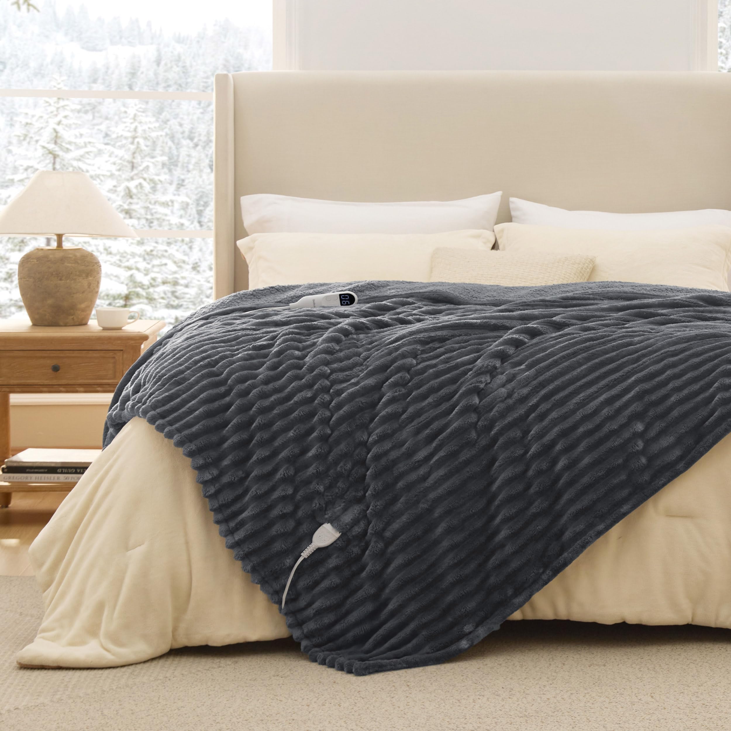 Bedsure GentleSoft Heated Blanket Electric Throw - Soft Ribbed Flannel Electric Blanket, Heating with 4 Time Settings, 6 Heat Levels, 3 hrs Timer Auto Shut Off, Gifts for Grandma (50x60 inches, Grey)