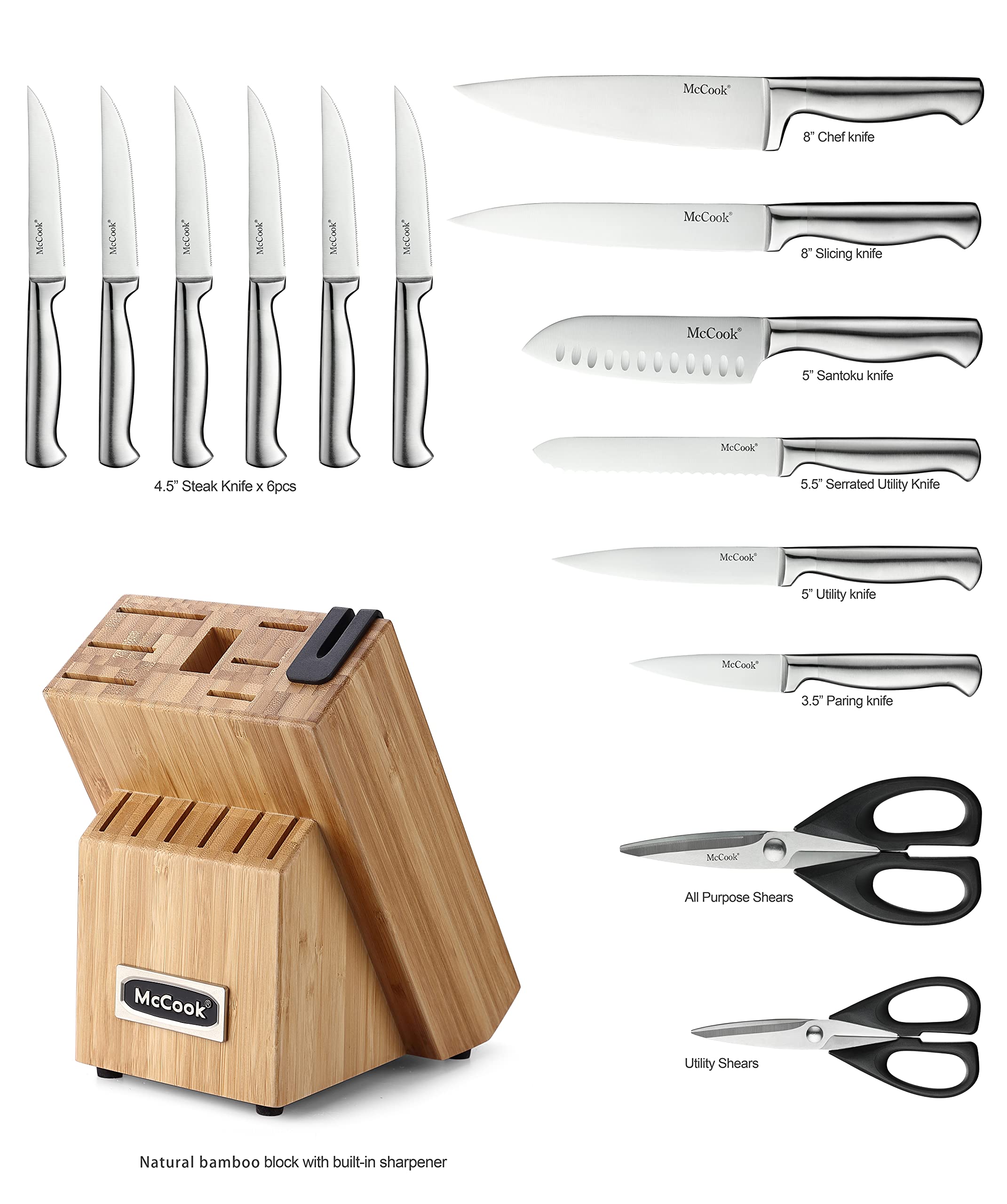 McCook® Knife Sets, German Stainless Steel Kitchen Knife Block Sets with Built-in Sharpener