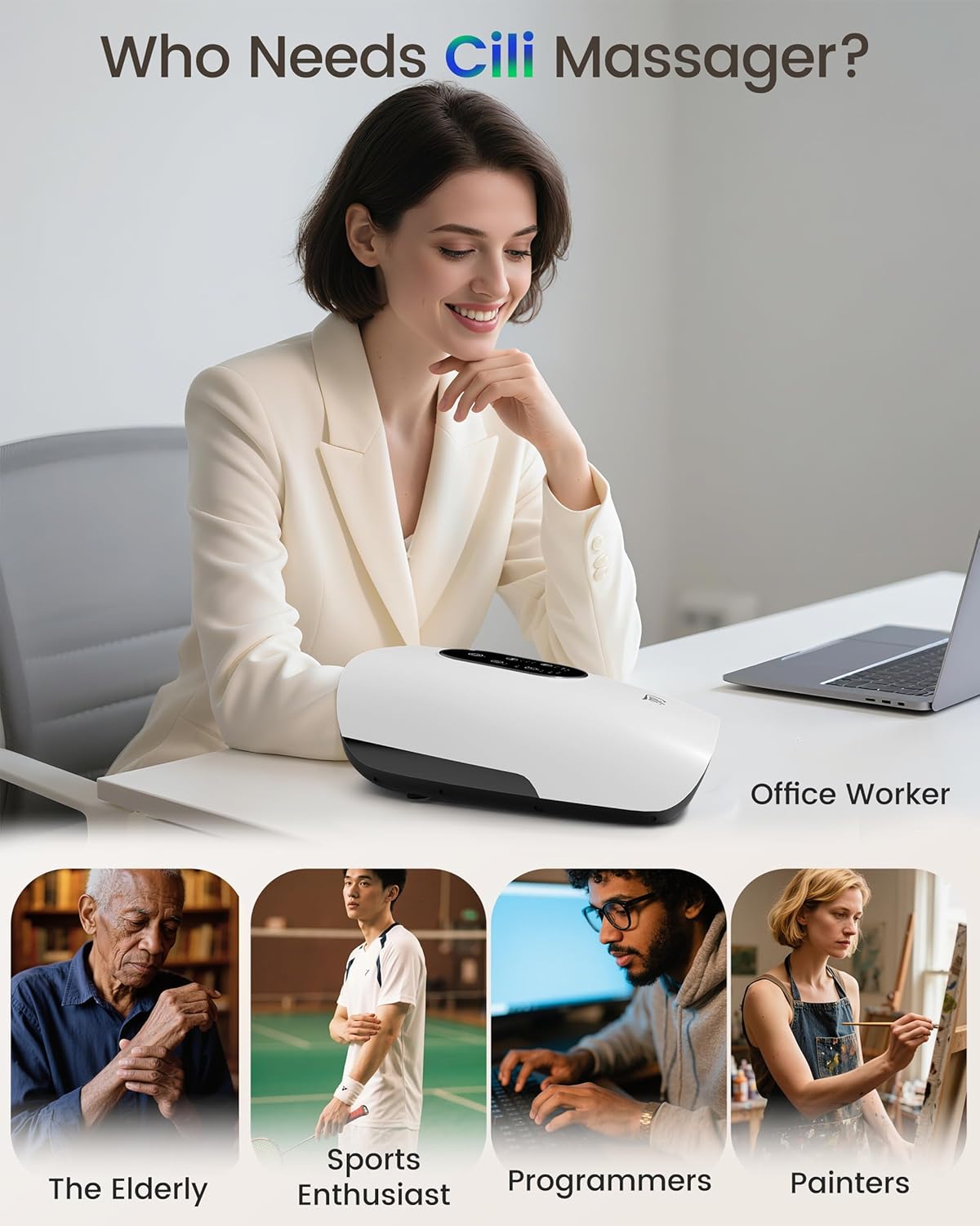 CILI Larger Size Hand Massager with Heat and Compression, Finger, Palm, Wrist and Hand Massager for Arthritis and Carpal Tunnel Relief, USB-C Rechargeable, Gift for Mom/Women, White