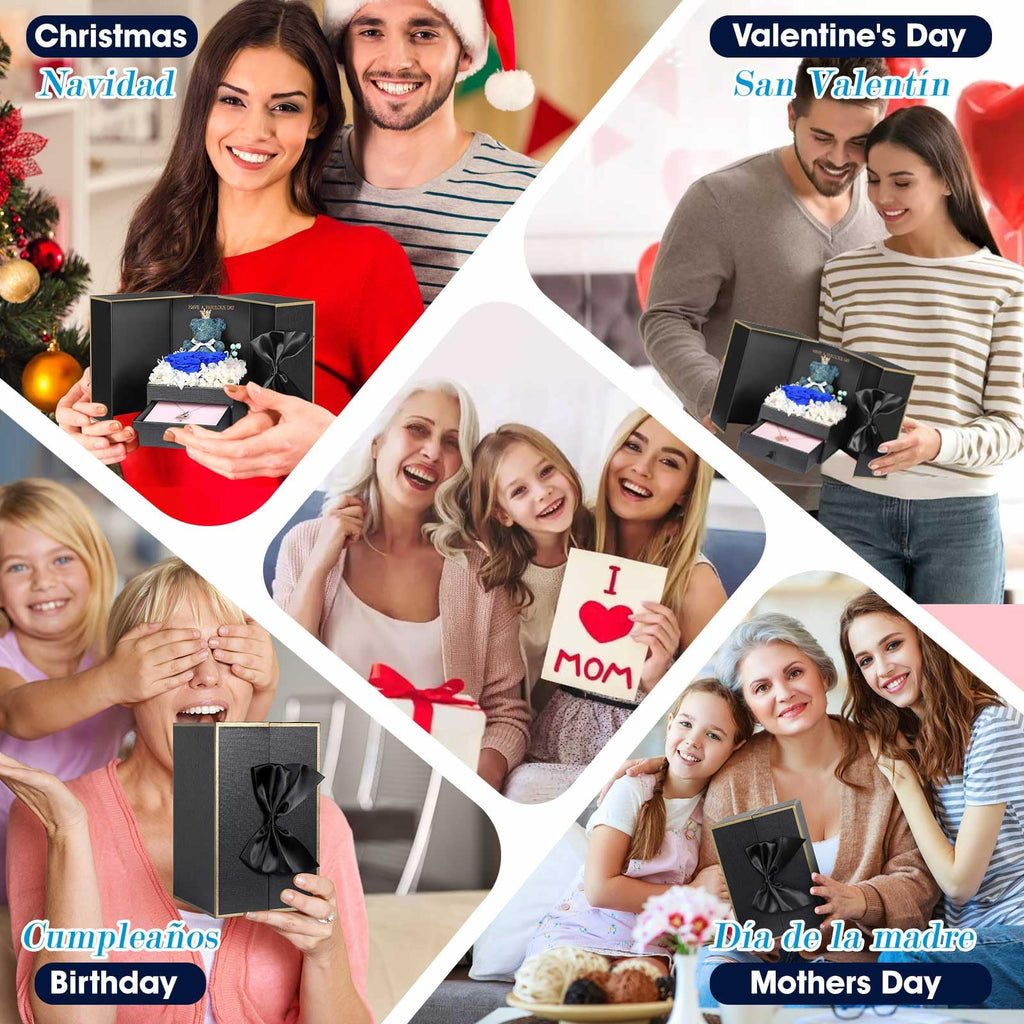 ADDWel Rose Gifts for Women Birthday Christmas - Preserved Real Roses Forever Red Flowers with I Love You in 100 Languages Necklace and Cute Moss Bear for Girlfriend Wife Mom Grandma