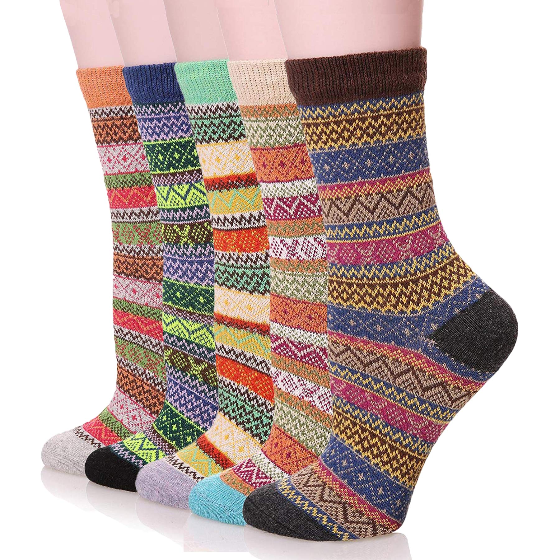 YZKKE 5Pack Womens Vintage Winter Soft Warm Thick Cold Knit Wool Crew Socks, Multicolor, free size