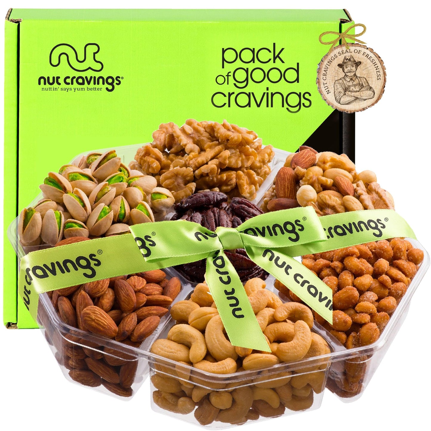 NUT CRAVINGS - Thanksgiving Mixed Nuts Gift Basket in Red Gold Box (7 Assortments, 1 LB) Holiday Xmas Christmas Food Arrangement, Healthy Snack Care Package, Food Assortments