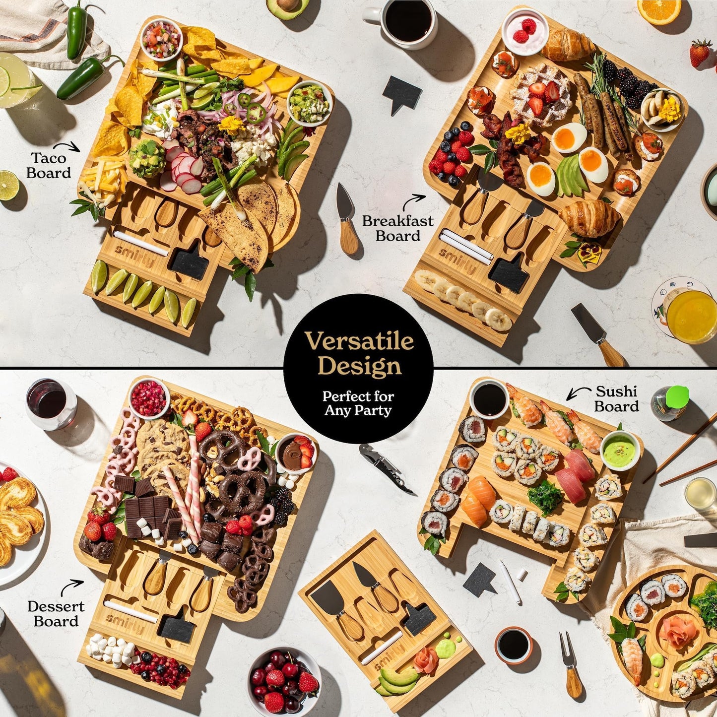 Smirly Charcuterie Board Set - Large Bamboo Cheese Board for Serving - House Warming Gifts New Home, Wedding & Bridal Shower Gift, Birthday Gift for Women