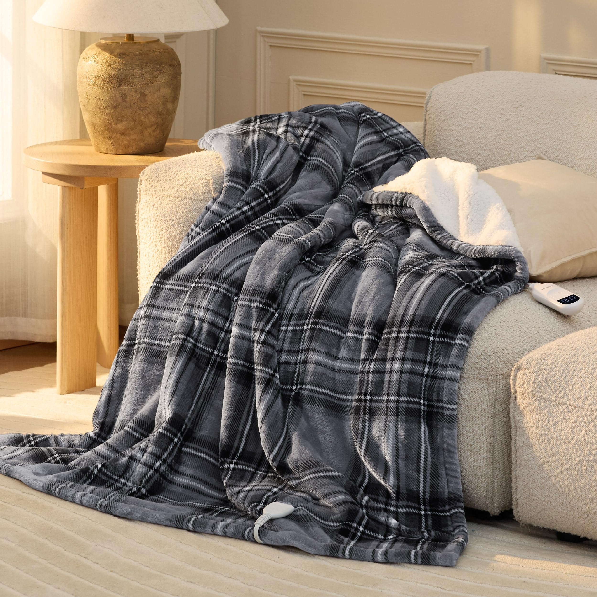 Bedsure GentleSoft Heated Blanket Electric Throw - Soft Ribbed Flannel Electric Blanket, Heating with 4 Time Settings, 6 Heat Levels, 3 hrs Timer Auto Shut Off, Gifts for Grandma (50x60 inches, Grey)