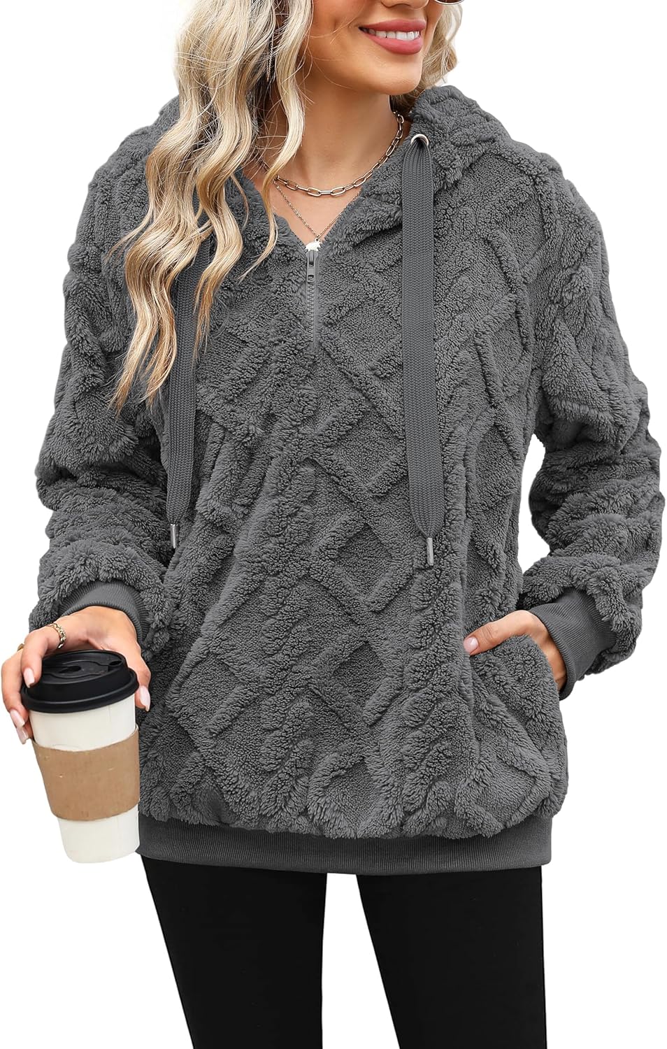 ReachMe Womens Oversized Sherpa Pullover Hoodie with Pockets Fuzzy Fleece Sweatshirt Plaid Fluffy Jacket Coat