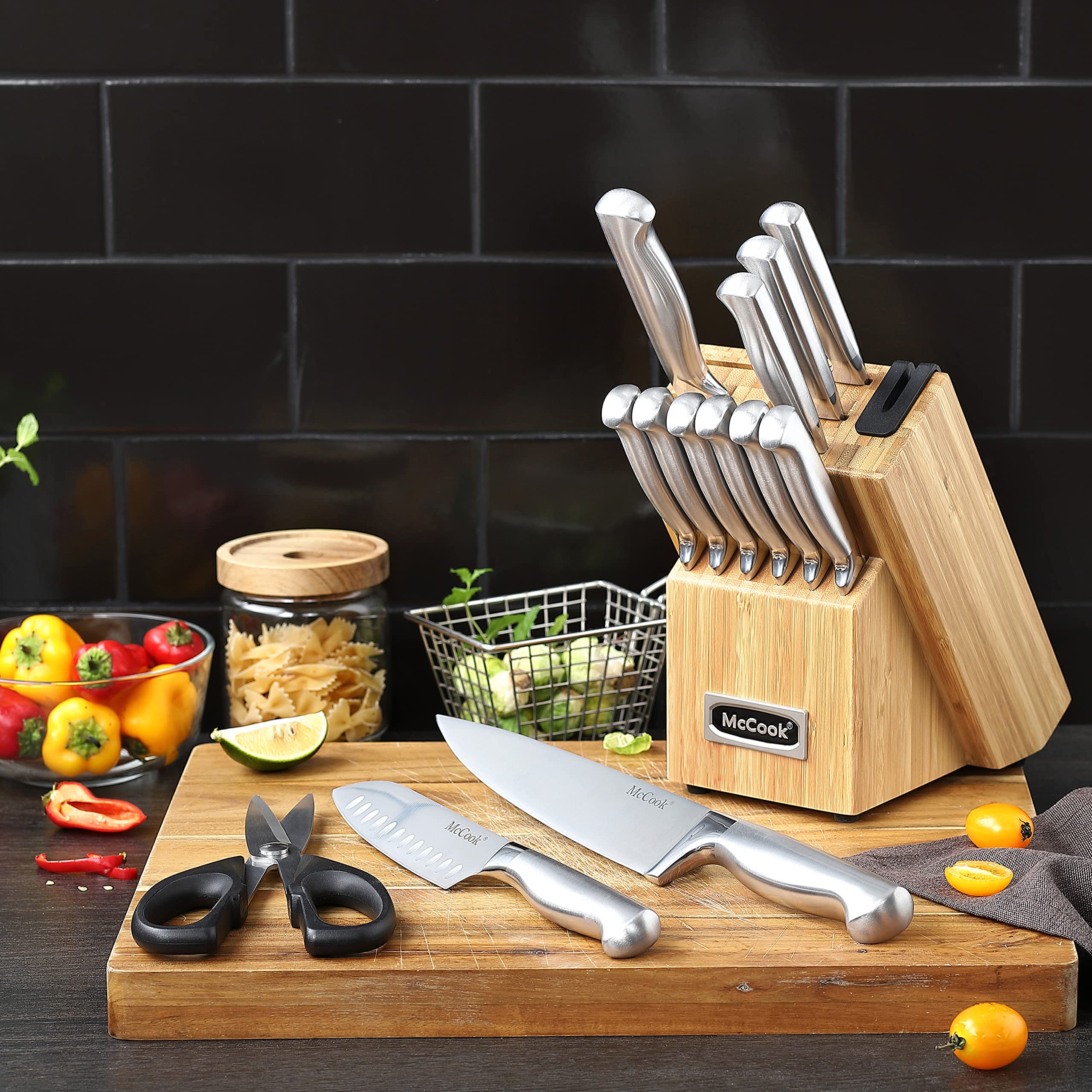 McCook® Knife Sets, German Stainless Steel Kitchen Knife Block Sets with Built-in Sharpener