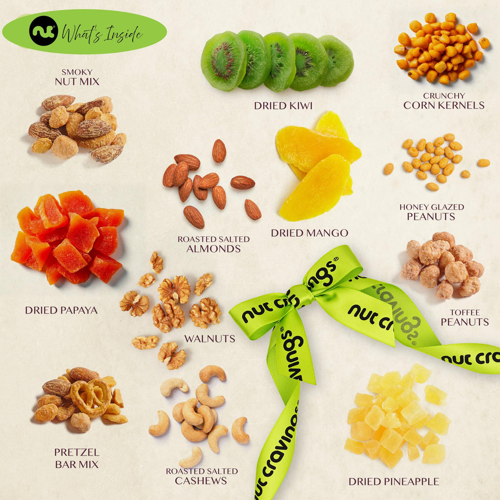 NUT CRAVINGS - Thanksgiving Mixed Nuts Gift Basket in Red Gold Box (7 Assortments, 1 LB) Holiday Xmas Christmas Food Arrangement, Healthy Snack Care Package, Food Assortments