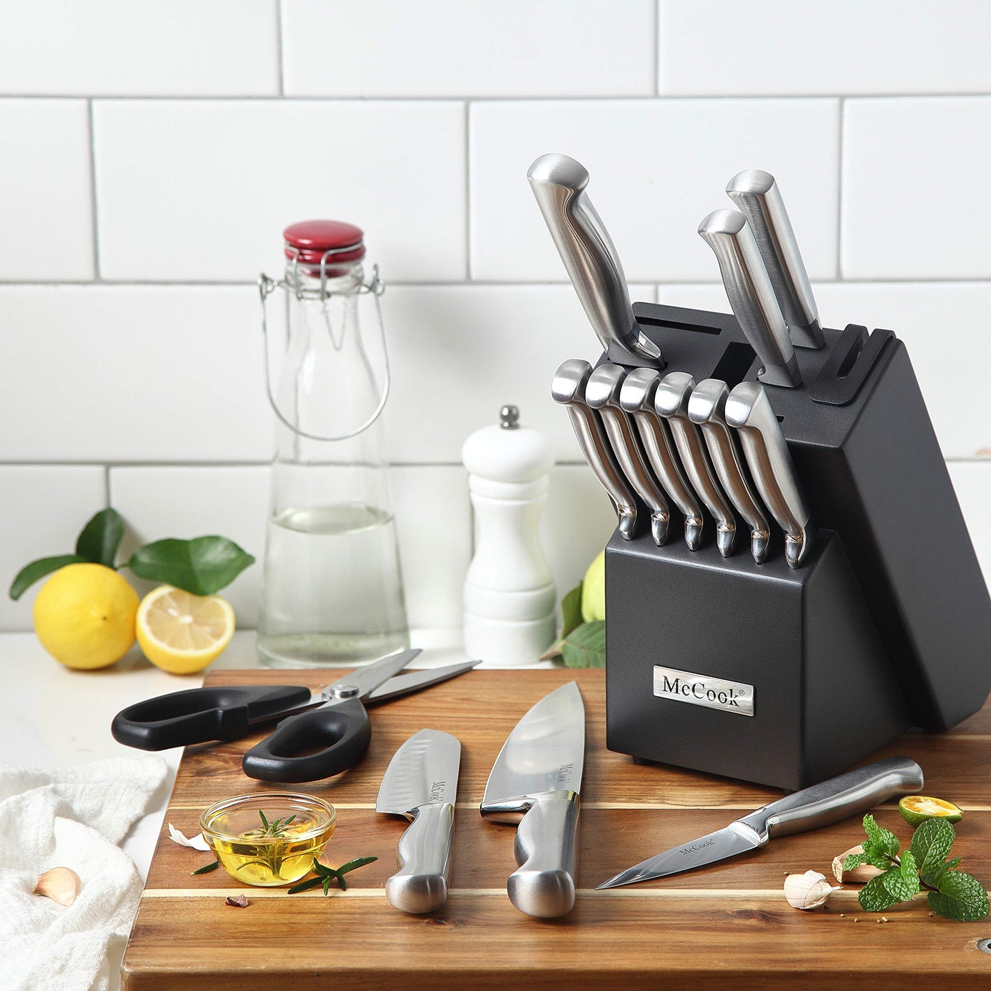McCook® Knife Sets, German Stainless Steel Kitchen Knife Block Sets with Built-in Sharpener