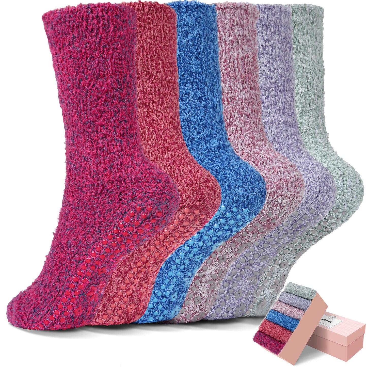 HUGSWEET 6 Pairs Thick Fuzzy Socks with Grip Cozy Non Slip Hospital Socks Home Fluffy Warm Slipper Socks Gifts for Women