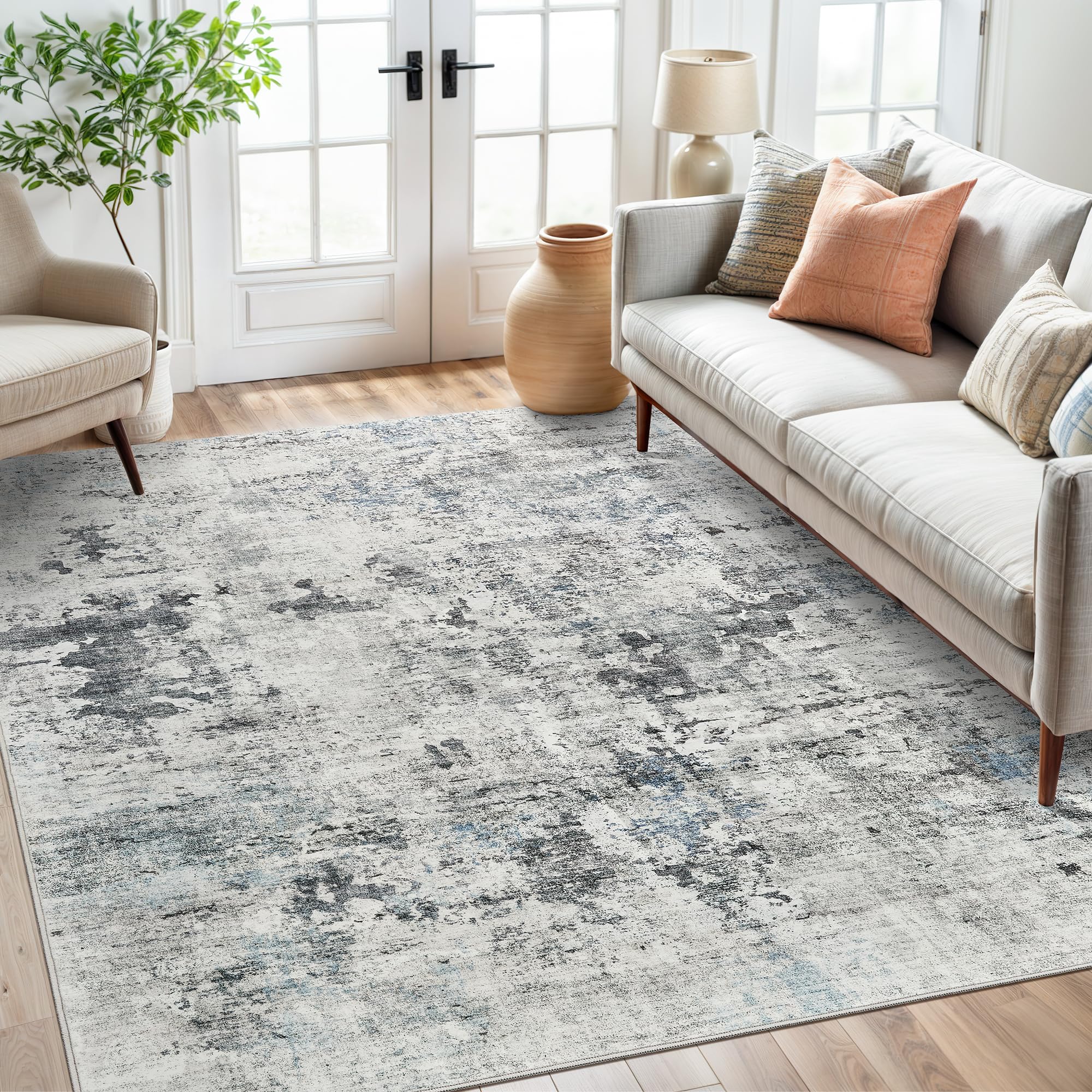 Washable Area Rug 8x10, Large Soft Rugs for Living Room Vintage Beige Carpet 8x10 Area Rugs for Bedroom Dining Room Non-Slip Stain Resistant Under Table Rug