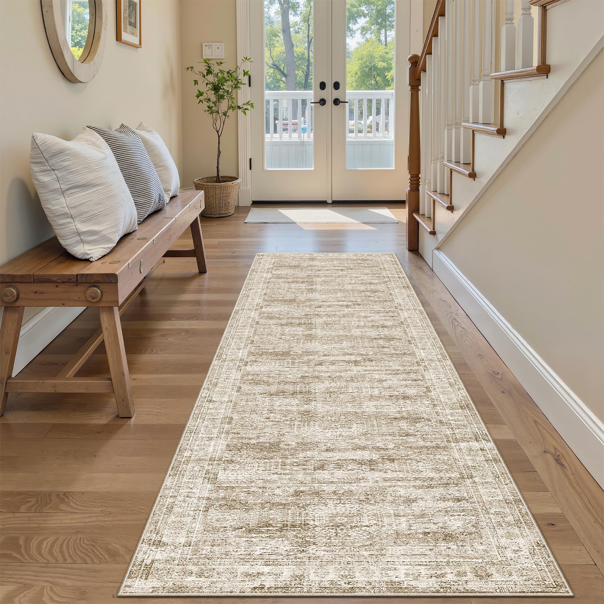 Washable Area Rug 8x10, Large Soft Rugs for Living Room Vintage Beige Carpet 8x10 Area Rugs for Bedroom Dining Room Non-Slip Stain Resistant Under Table Rug