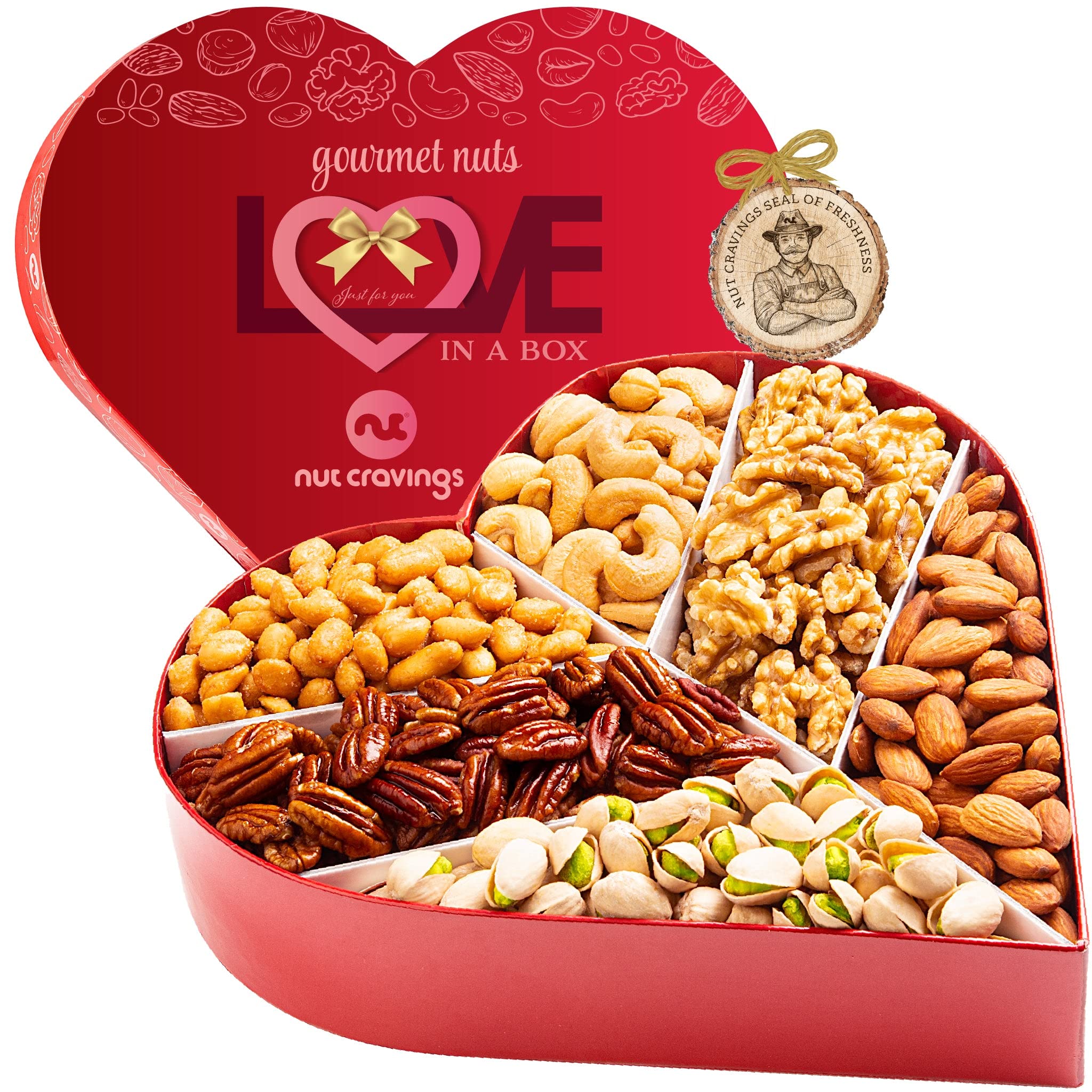 NUT CRAVINGS - Thanksgiving Mixed Nuts Gift Basket in Red Gold Box (7 Assortments, 1 LB) Holiday Xmas Christmas Food Arrangement, Healthy Snack Care Package, Food Assortments