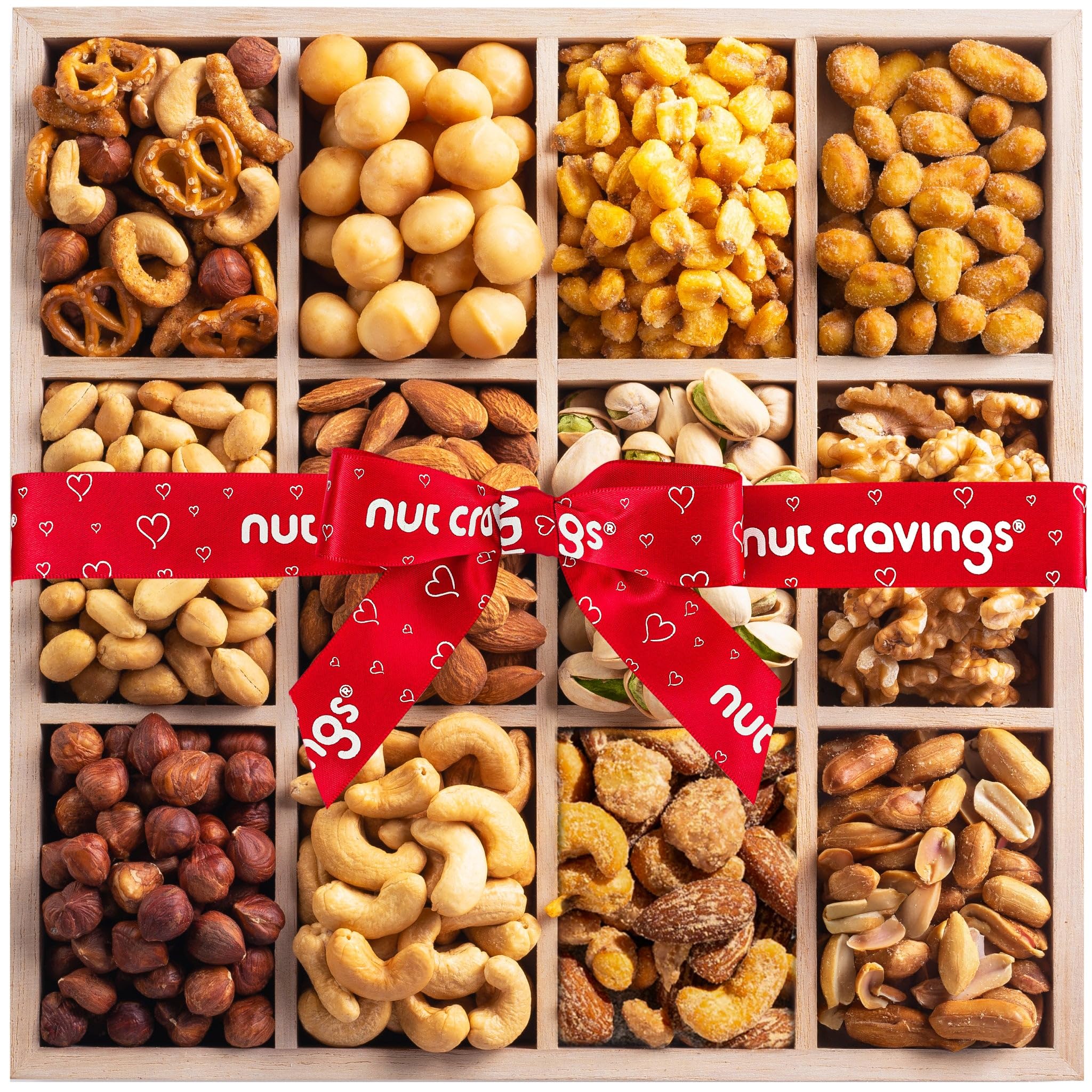 NUT CRAVINGS - Thanksgiving Mixed Nuts Gift Basket in Red Gold Box (7 Assortments, 1 LB) Holiday Xmas Christmas Food Arrangement, Healthy Snack Care Package, Food Assortments