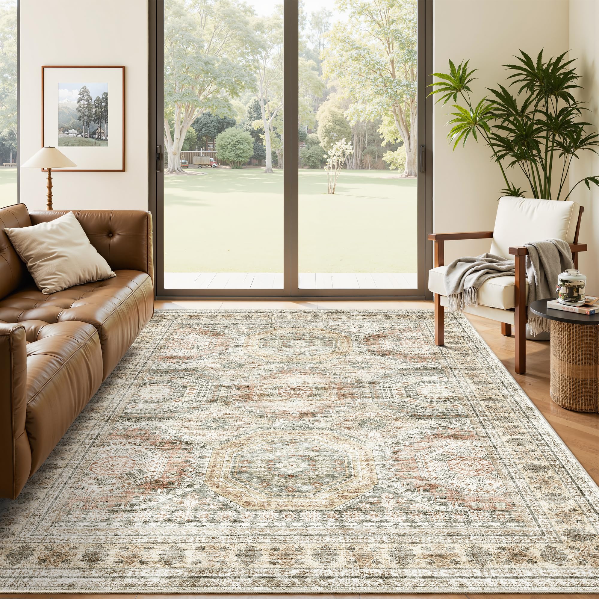 Washable Area Rug 8x10, Large Soft Rugs for Living Room Vintage Beige Carpet 8x10 Area Rugs for Bedroom Dining Room Non-Slip Stain Resistant Under Table Rug