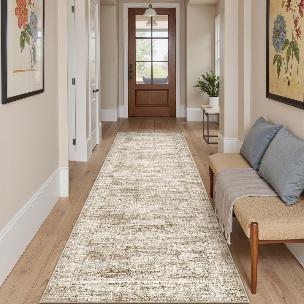 Washable Area Rug 8x10, Large Soft Rugs for Living Room Vintage Beige Carpet 8x10 Area Rugs for Bedroom Dining Room Non-Slip Stain Resistant Under Table Rug