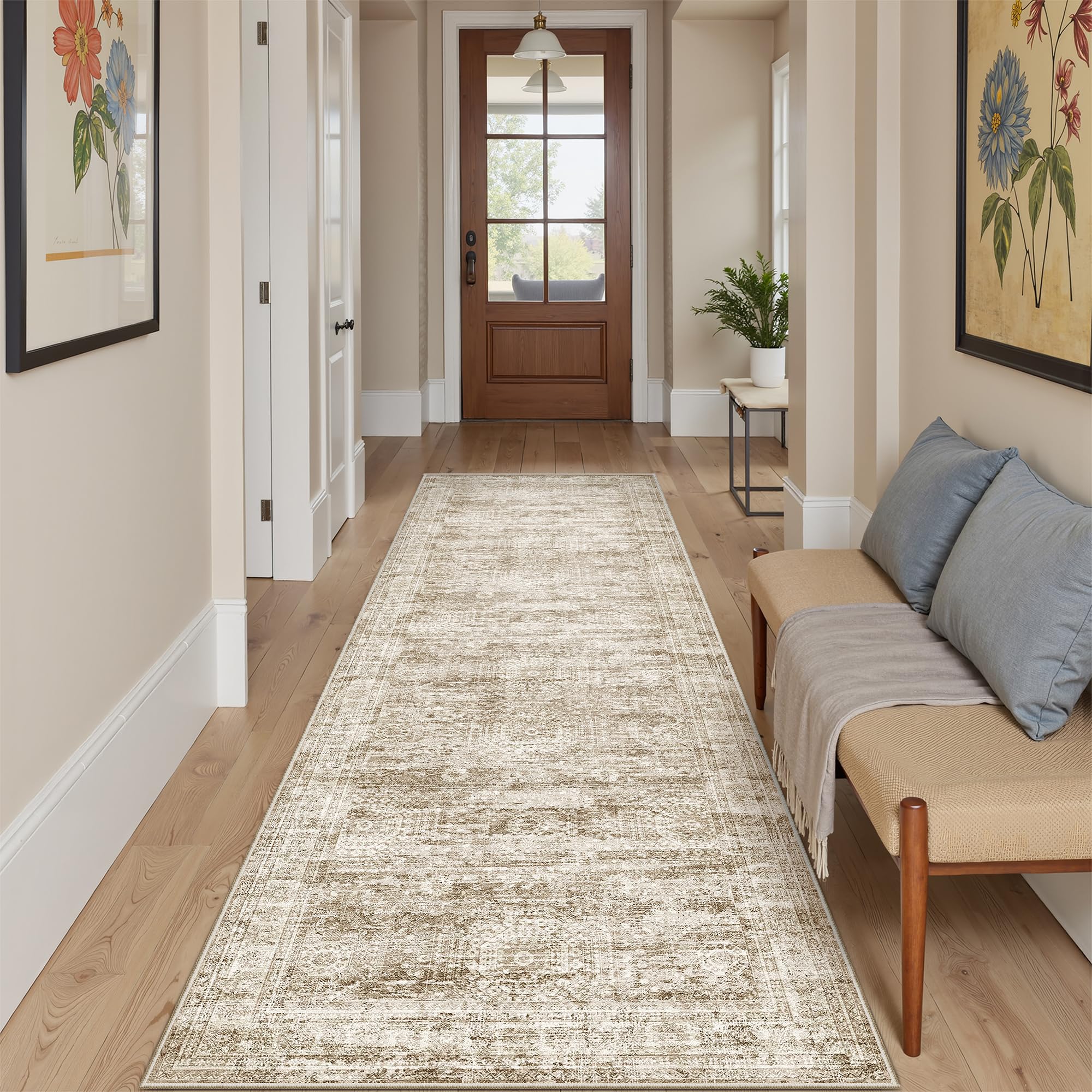 Washable Area Rug 8x10, Large Soft Rugs for Living Room Vintage Beige Carpet 8x10 Area Rugs for Bedroom Dining Room Non-Slip Stain Resistant Under Table Rug