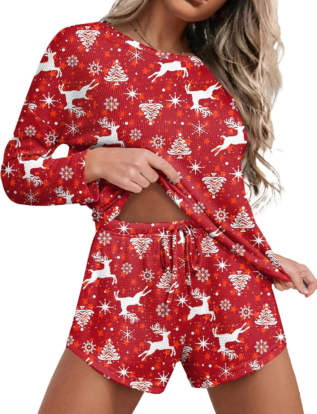 Ekouaer Womens Waffle Knit Pajama Sets Long Sleeve Top and Shorts Matching Lounge Set Loungewear Sweatsuit with Pockets