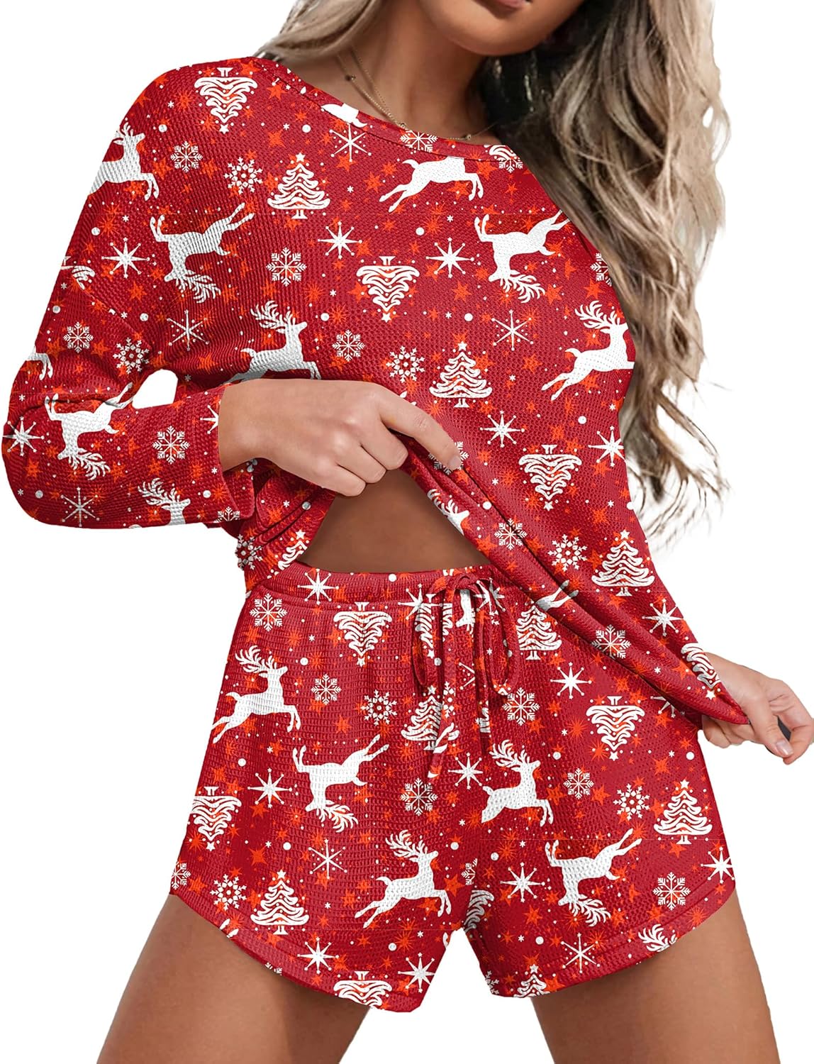 Ekouaer Womens Waffle Knit Pajama Sets Long Sleeve Top and Shorts Matching Lounge Set Loungewear Sweatsuit with Pockets