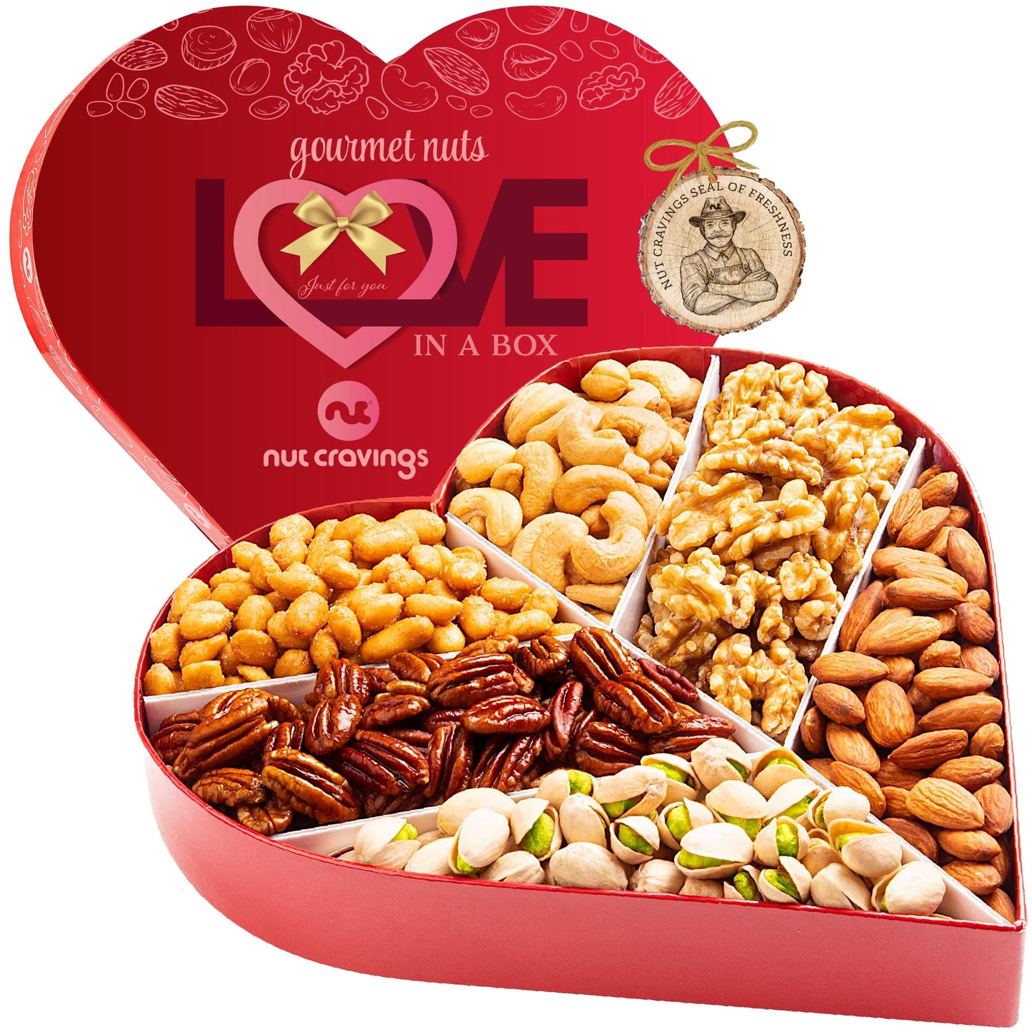 NUT CRAVINGS - Thanksgiving Mixed Nuts Gift Basket in Red Gold Box (7 Assortments, 1 LB) Holiday Xmas Christmas Food Arrangement, Healthy Snack Care Package, Food Assortments