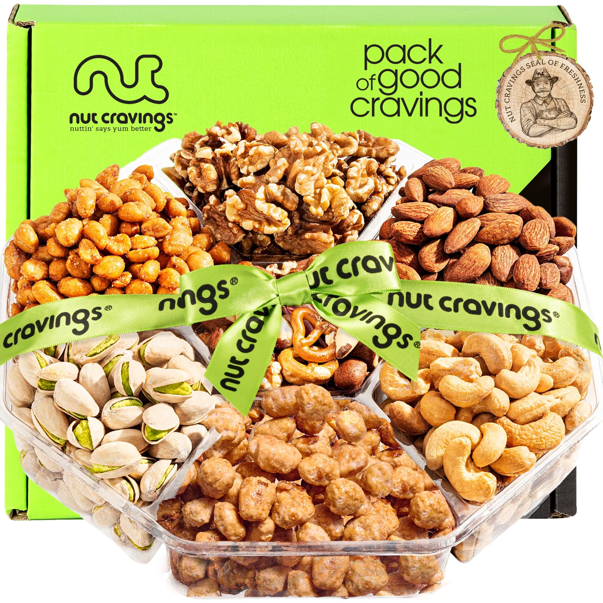 NUT CRAVINGS - Thanksgiving Mixed Nuts Gift Basket in Red Gold Box (7 Assortments, 1 LB) Holiday Xmas Christmas Food Arrangement, Healthy Snack Care Package, Food Assortments