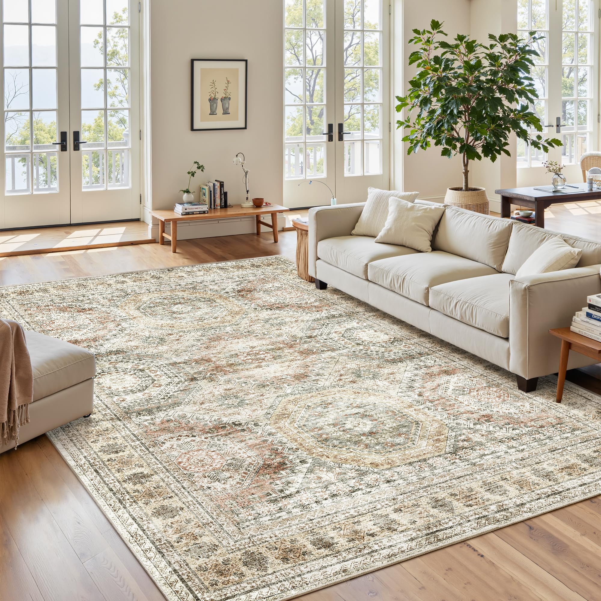 Washable Area Rug 8x10, Large Soft Rugs for Living Room Vintage Beige Carpet 8x10 Area Rugs for Bedroom Dining Room Non-Slip Stain Resistant Under Table Rug