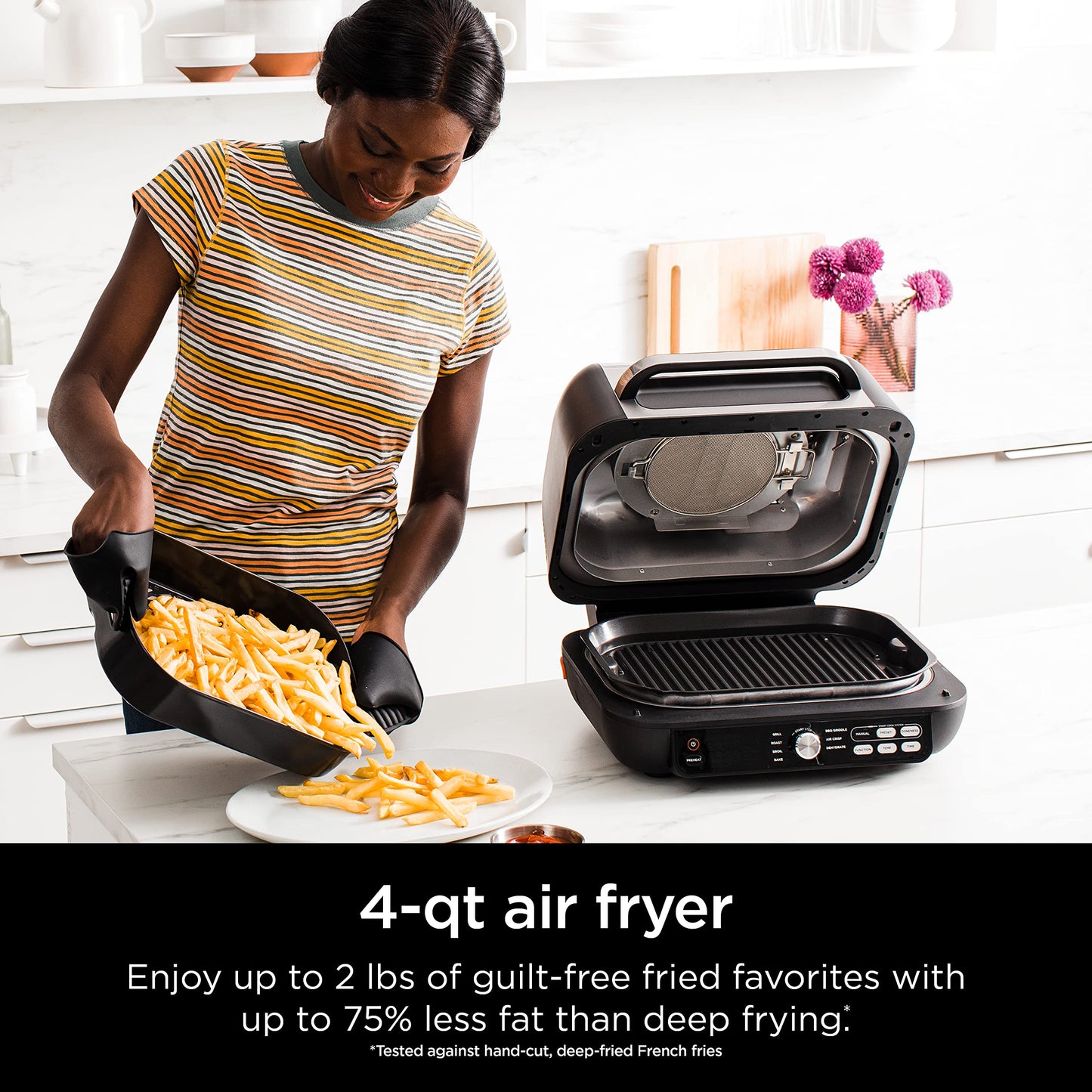 Ninja | Indoor Grill and Air Fryer| Foodi Smart XL | 6-in-1 Grill, Air Fry, Roast, Bake, Broil, Dehydrate & Crisp |Smart Thermometer & Splatter Shield | Dishwasher Safe Parts | Black/Silver | FG551
