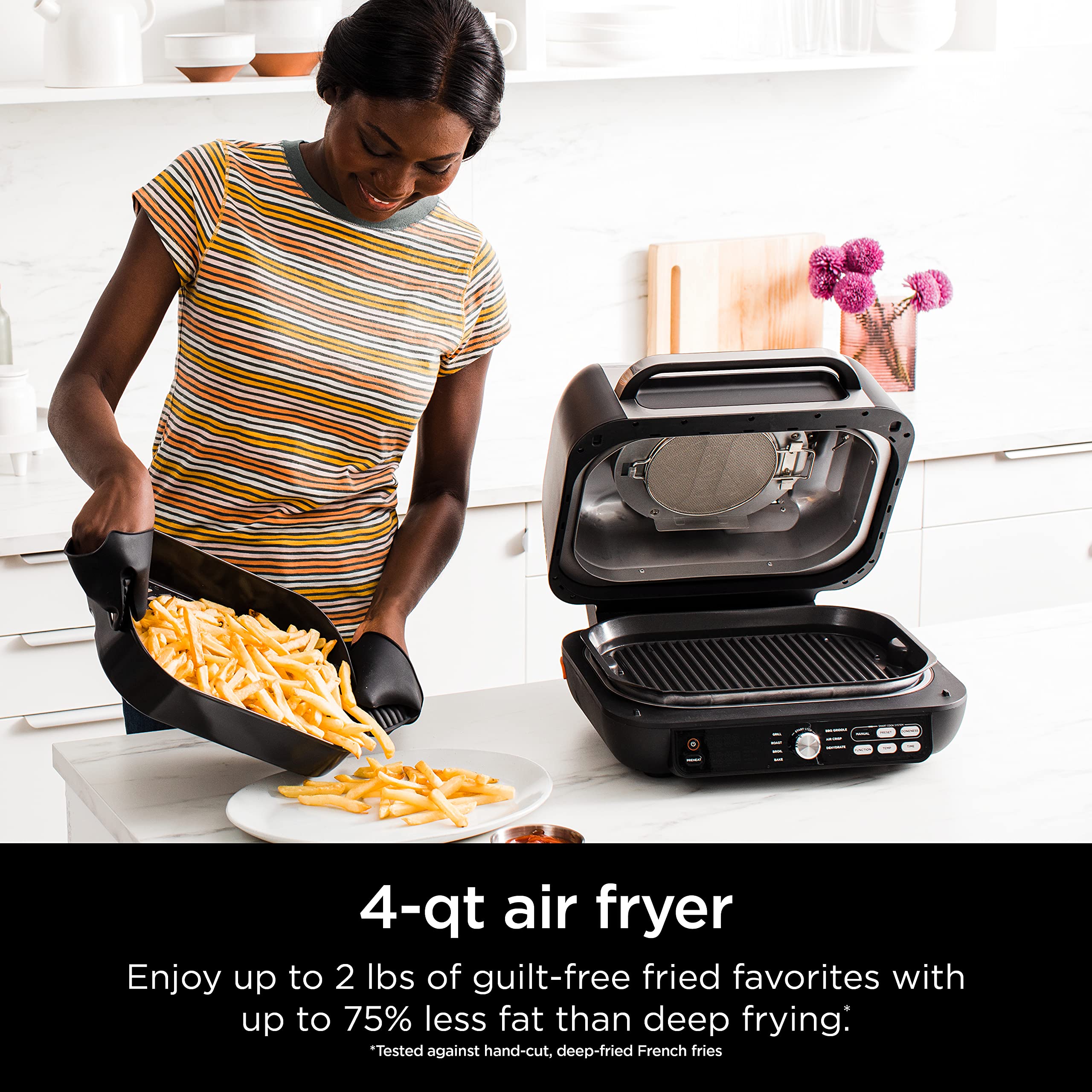 Ninja | Indoor Grill and Air Fryer| Foodi Smart XL | 6-in-1 Grill, Air Fry, Roast, Bake, Broil, Dehydrate & Crisp |Smart Thermometer & Splatter Shield | Dishwasher Safe Parts | Black/Silver | FG551