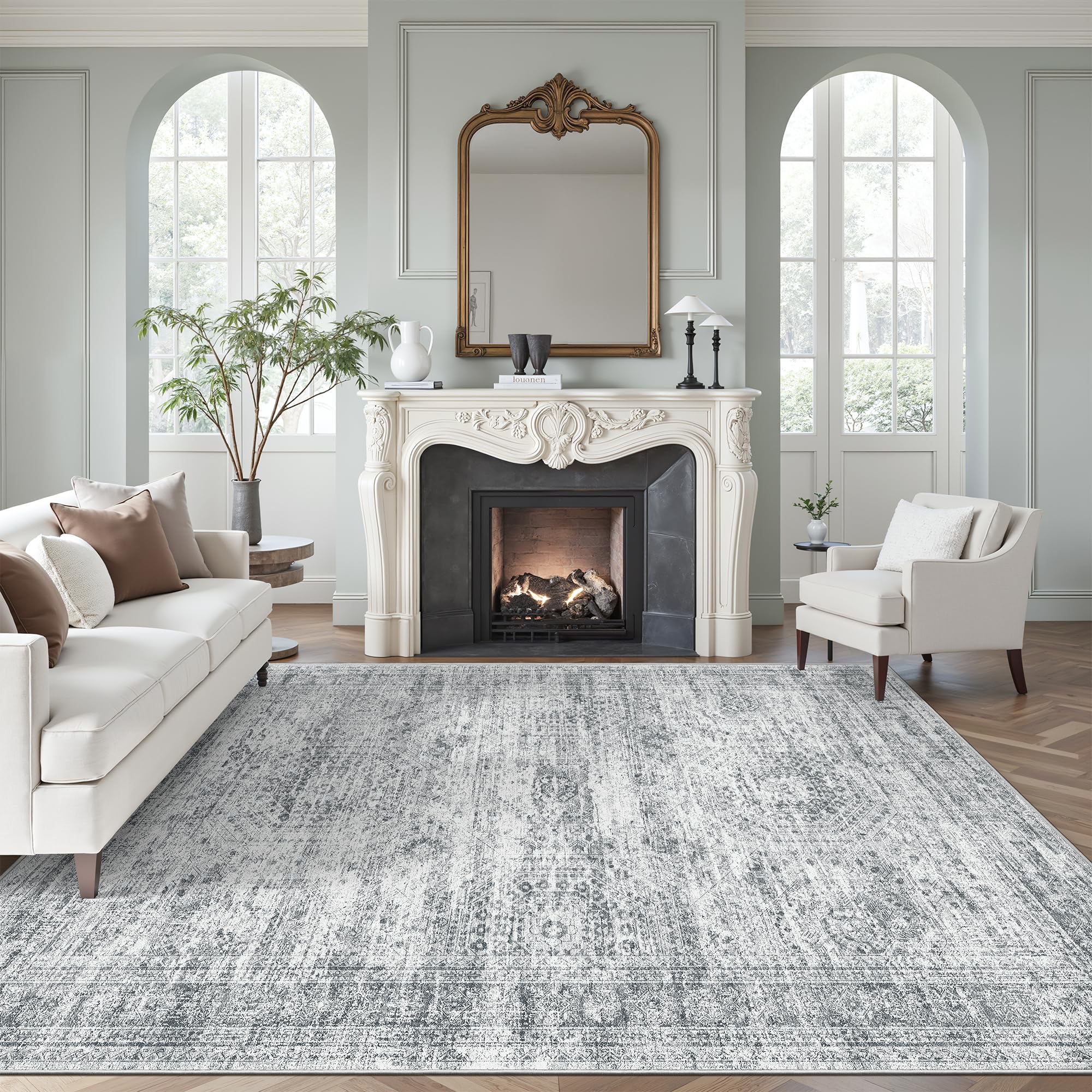 Washable Area Rug 8x10, Large Soft Rugs for Living Room Vintage Beige Carpet 8x10 Area Rugs for Bedroom Dining Room Non-Slip Stain Resistant Under Table Rug