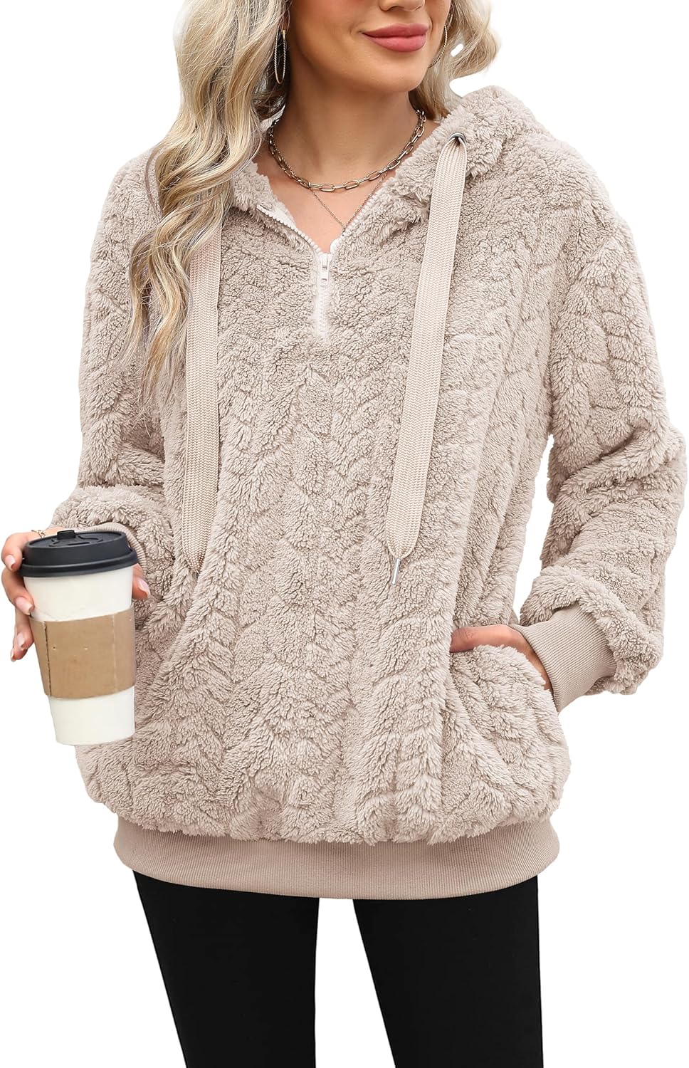 ReachMe Womens Oversized Sherpa Pullover Hoodie with Pockets Fuzzy Fleece Sweatshirt Plaid Fluffy Jacket Coat