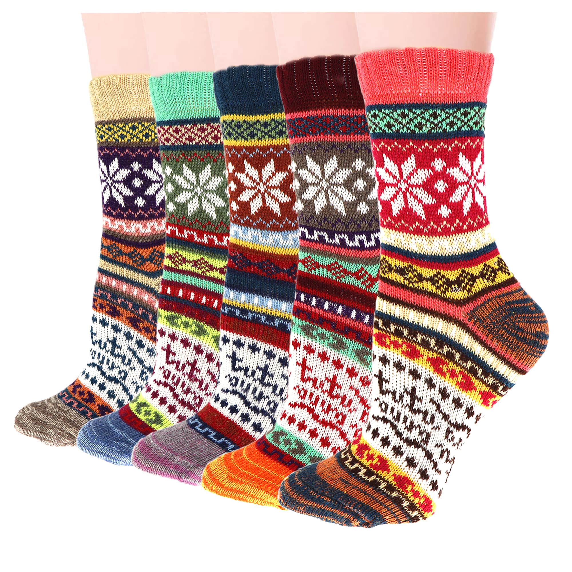YZKKE 5Pack Womens Vintage Winter Soft Warm Thick Cold Knit Wool Crew Socks, Multicolor, free size