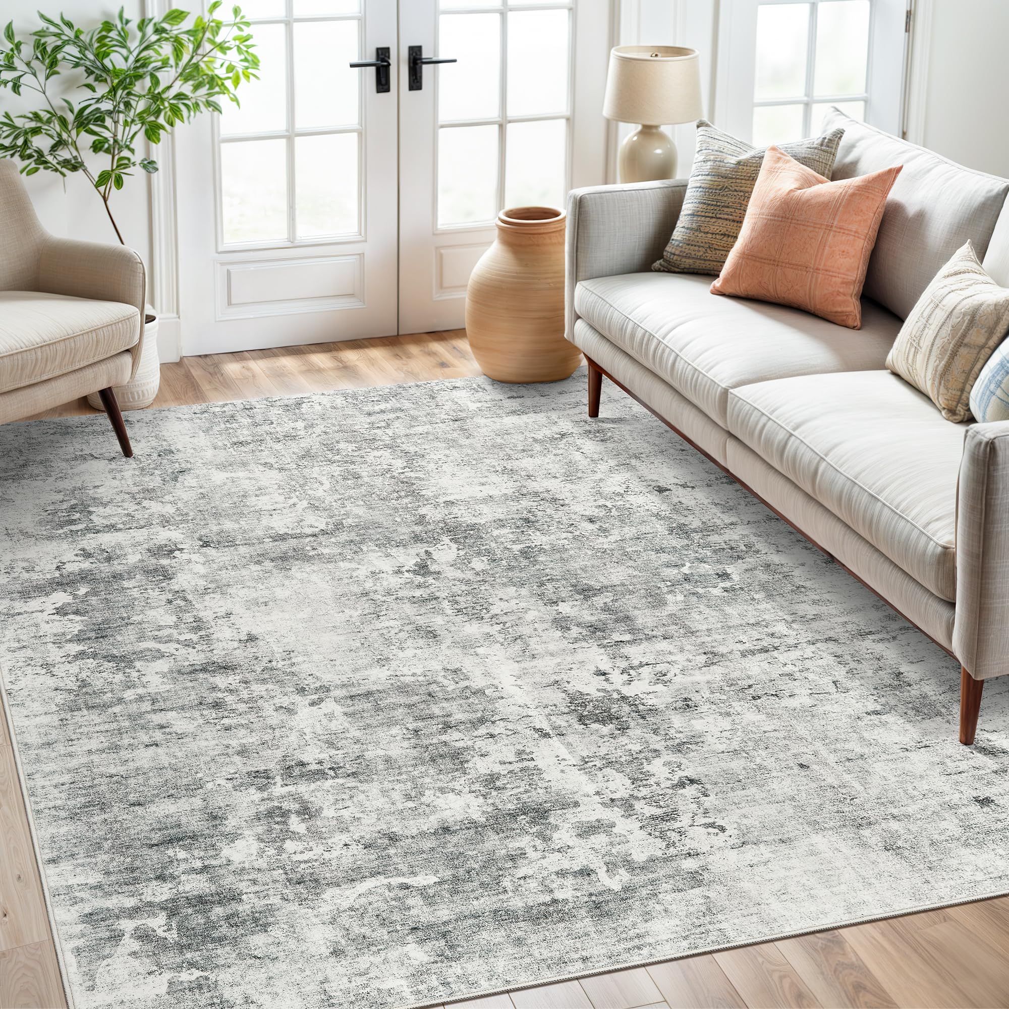 Washable Area Rug 8x10, Large Soft Rugs for Living Room Vintage Beige Carpet 8x10 Area Rugs for Bedroom Dining Room Non-Slip Stain Resistant Under Table Rug