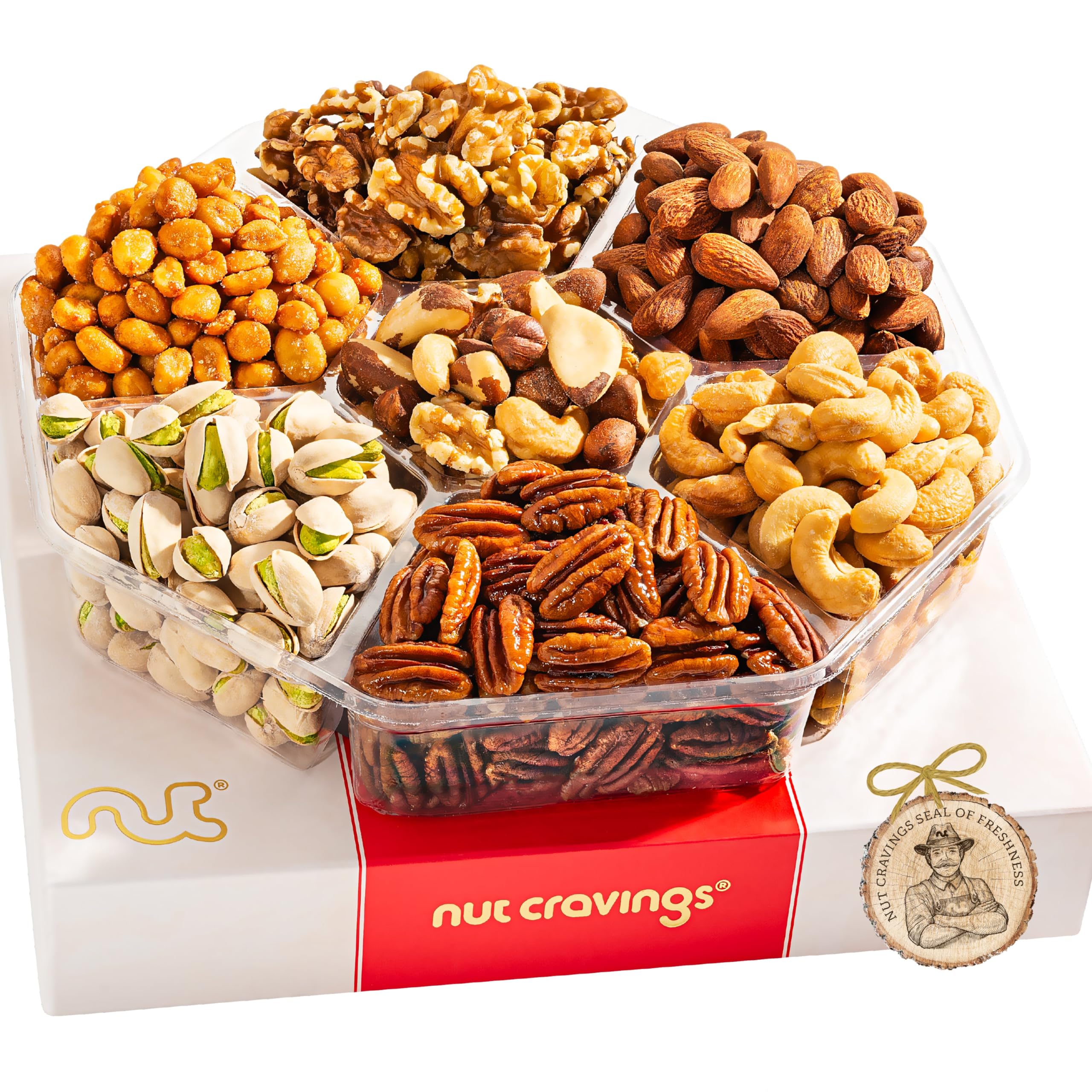 NUT CRAVINGS - Thanksgiving Mixed Nuts Gift Basket in Red Gold Box (7 Assortments, 1 LB) Holiday Xmas Christmas Food Arrangement, Healthy Snack Care Package, Food Assortments